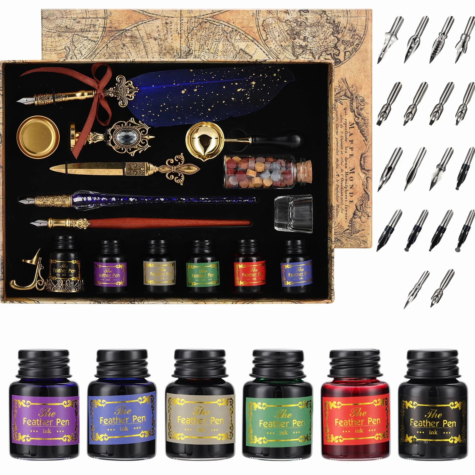 Kit di Penna a Immersione e Inchiostro, Penna Piuma Vintage con Sigillo di Cera, 6 Inchiostro e 18 Pennini di Ricambio, Penne per Calligrafia per Firma, Diario, Scrittura e Disegno