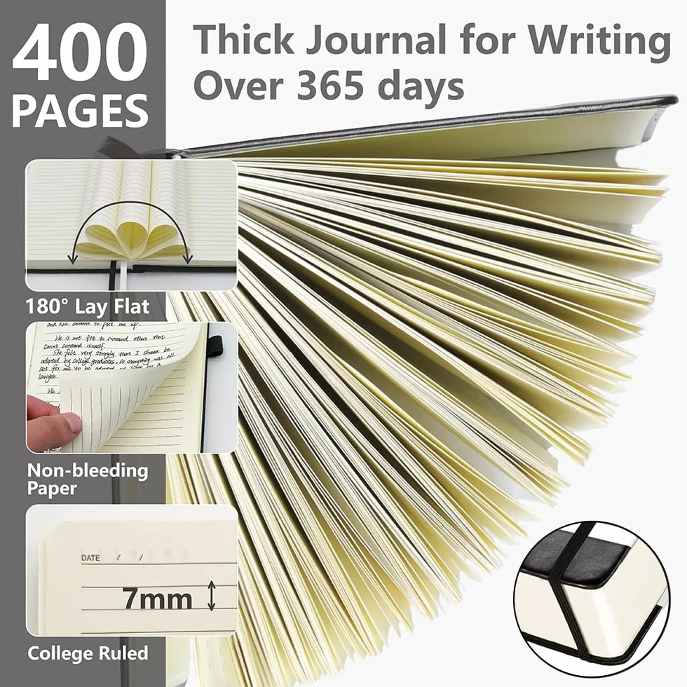 Hoci Poci Taccuino a righe, 400 pagine spesse per scrittura, formato A5, copertina rigida in pelle, con carta a righe da 100 g/m², per donne e uomini, per prendere appunti, 14,7 x 21,3 cm, nero