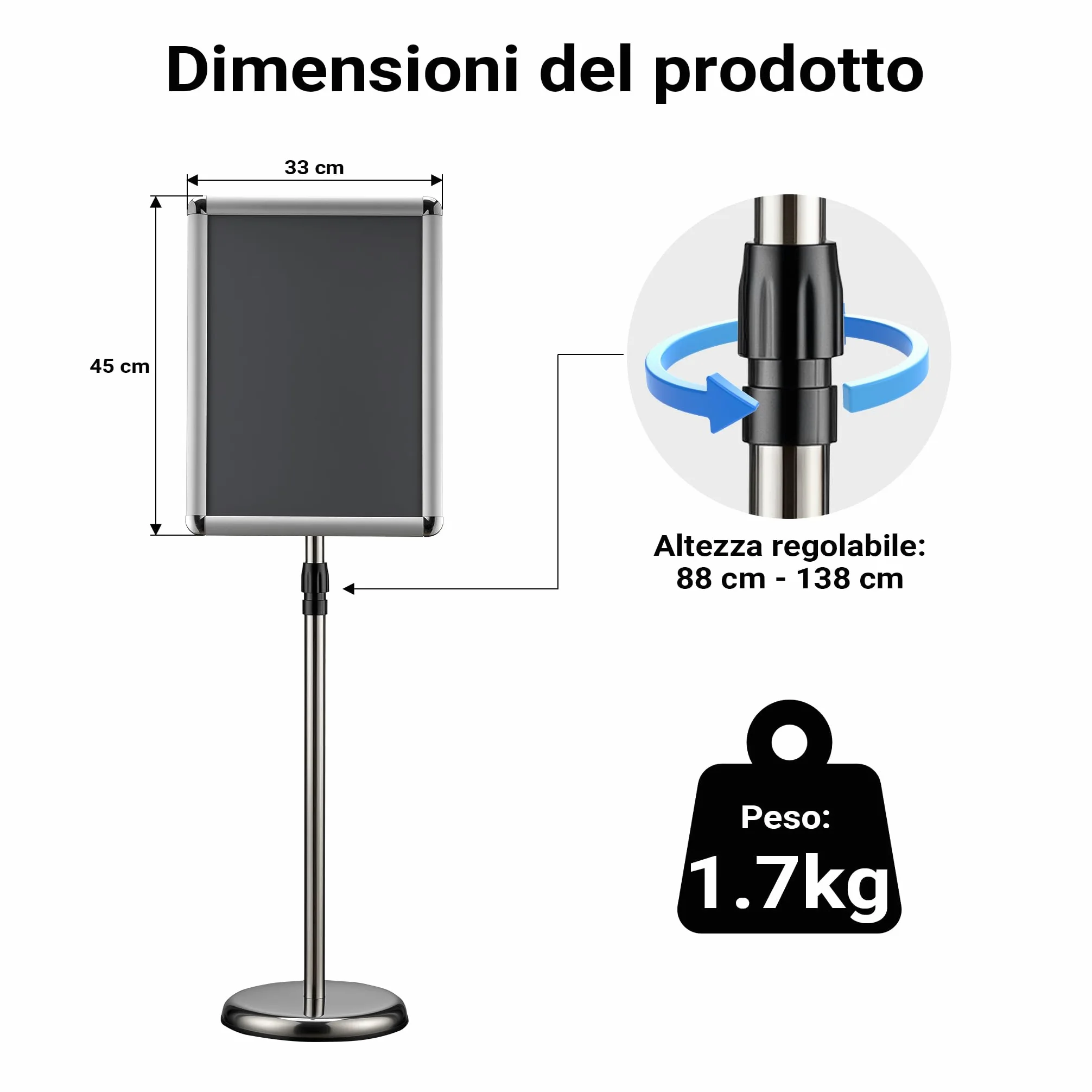 Wiltec Espositore per poster, pubblicità, menù in A3, altezza regolabile 88-138 cm, supporto per presentazioni, stand, piedistallo in alluminio e acciaio