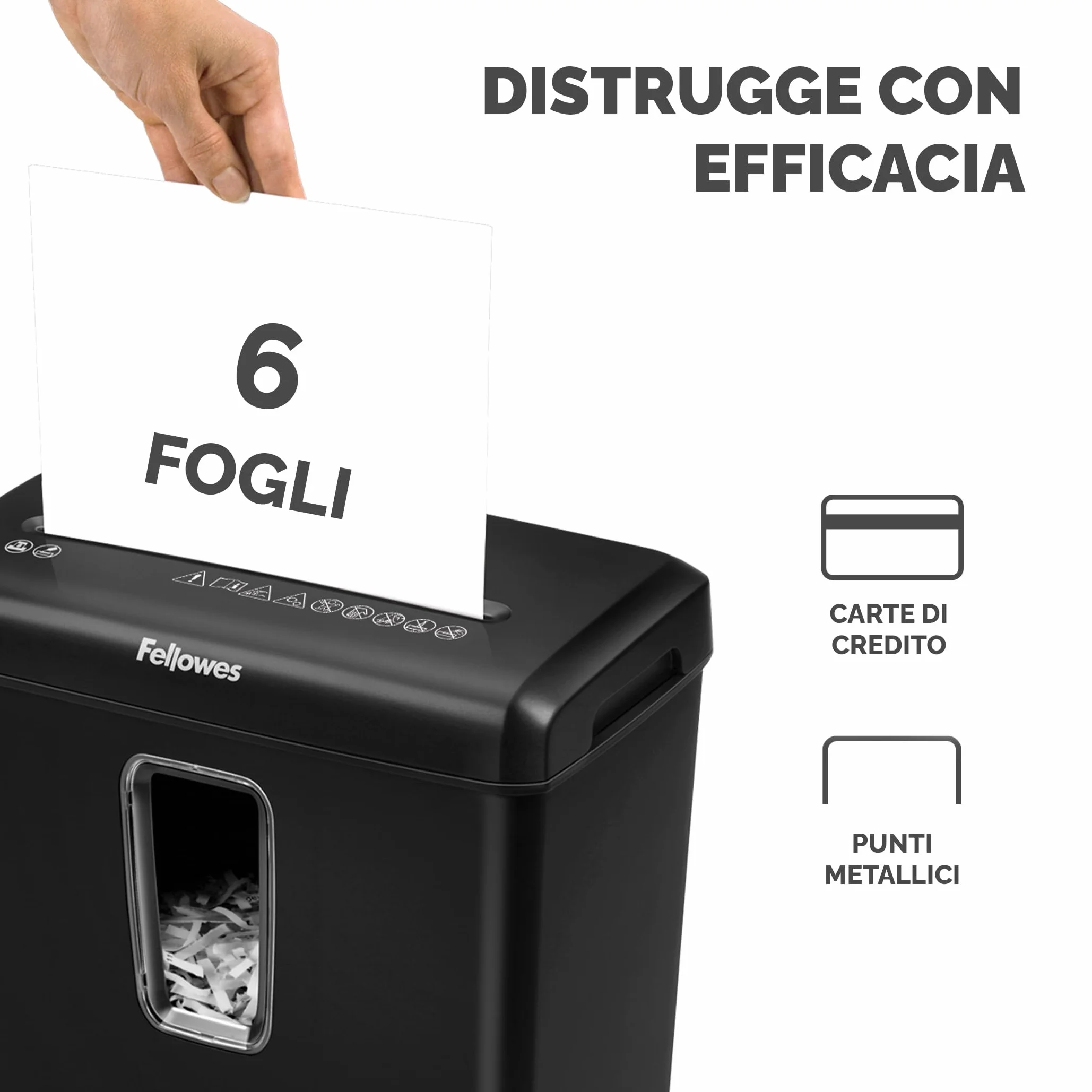 Fellowes Distruggi documenti a frammento FS-6C, 6 fogli, per casa e piccolo ufficio, uso personale, cestino da 15 litri, distruggidocumenti nero [ESCLUSIVA AMAZON]