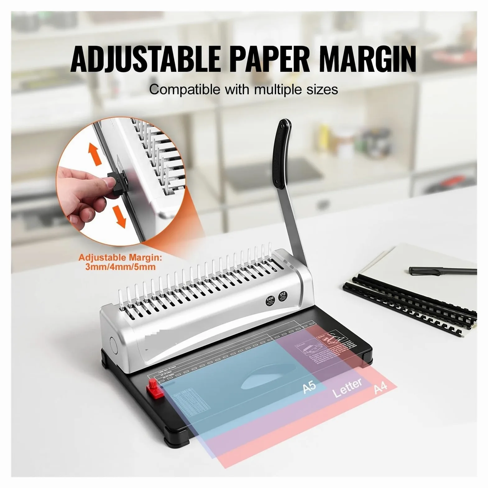 Macchina rilegatrice a pettine 21 fori Rilegatura 450 fogli con 100 pezzi 3/8'' dorsi a Uso in ufficio e a scuola