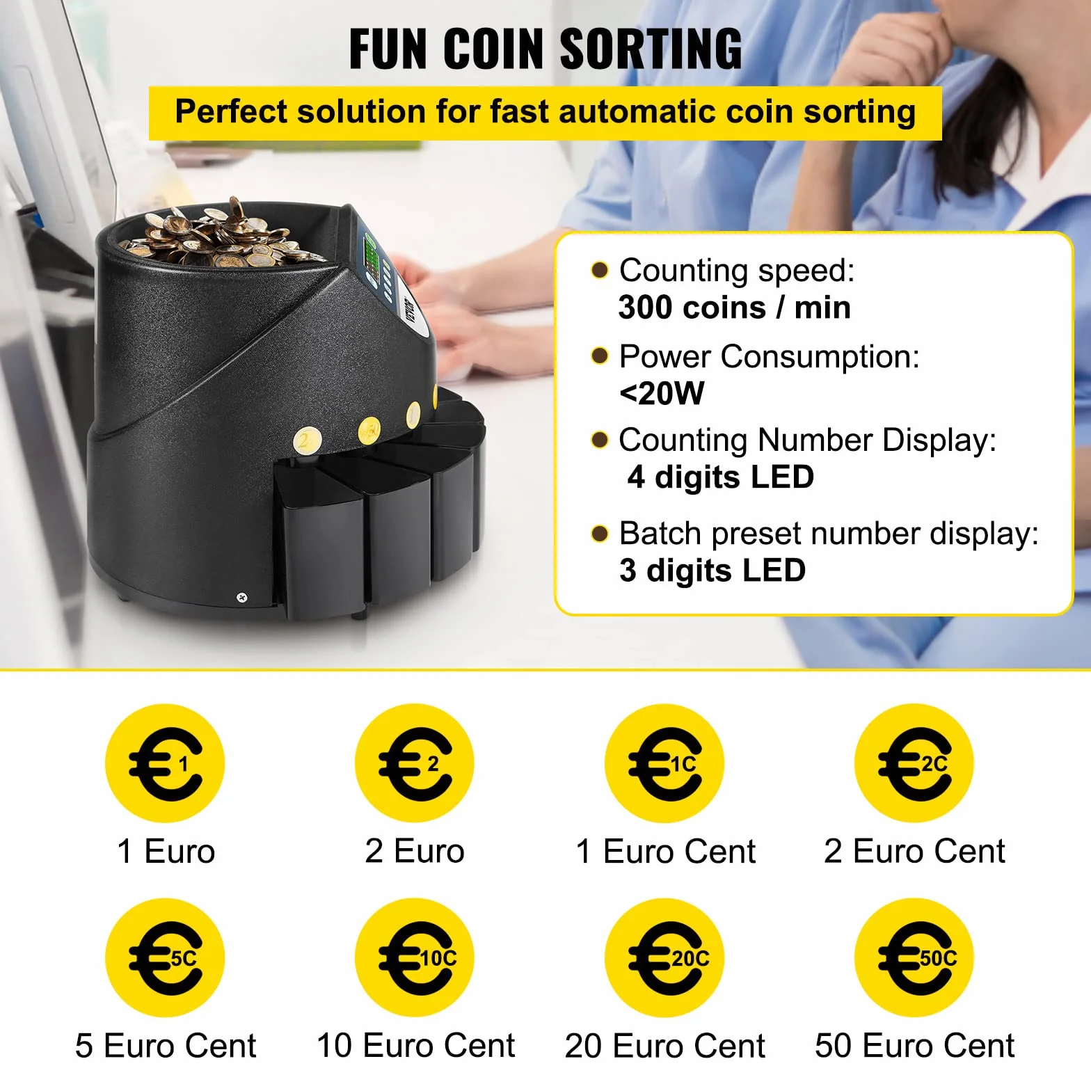 VEVOR Macchina Contamonete 500-1000 Monete in Euro Separatore per Monete Contamonete Velocità 300 pezzi/minuto Display a LED 7 Cifre Pannello Controllo 8 Cassetti, Tabaccheria, Scuole, Negozio, Banca