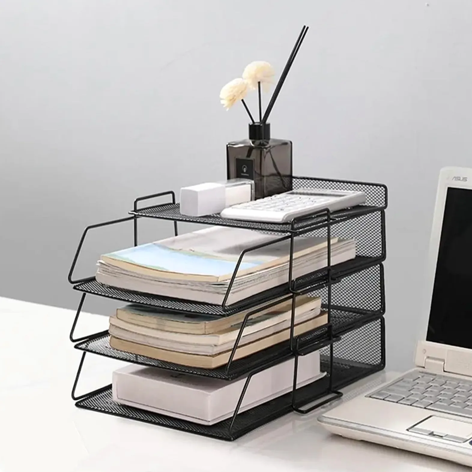 Vassoio Per Lettere Office File Box Desktop Organizzatore Di Documenti A4 | Vassoio portaoggetti da bagno multiuso for carta laminata impilabile for la casa(Black)