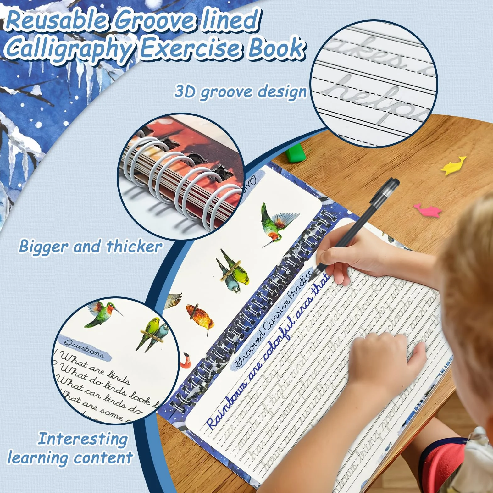 Confezione da 4 quaderni di lavoro per scrivere a mano corsiva, libri di pratica di scrittura con scanalature magiche, libri riutilizzabili per esercitazioni di scrittura a mano, cartella di