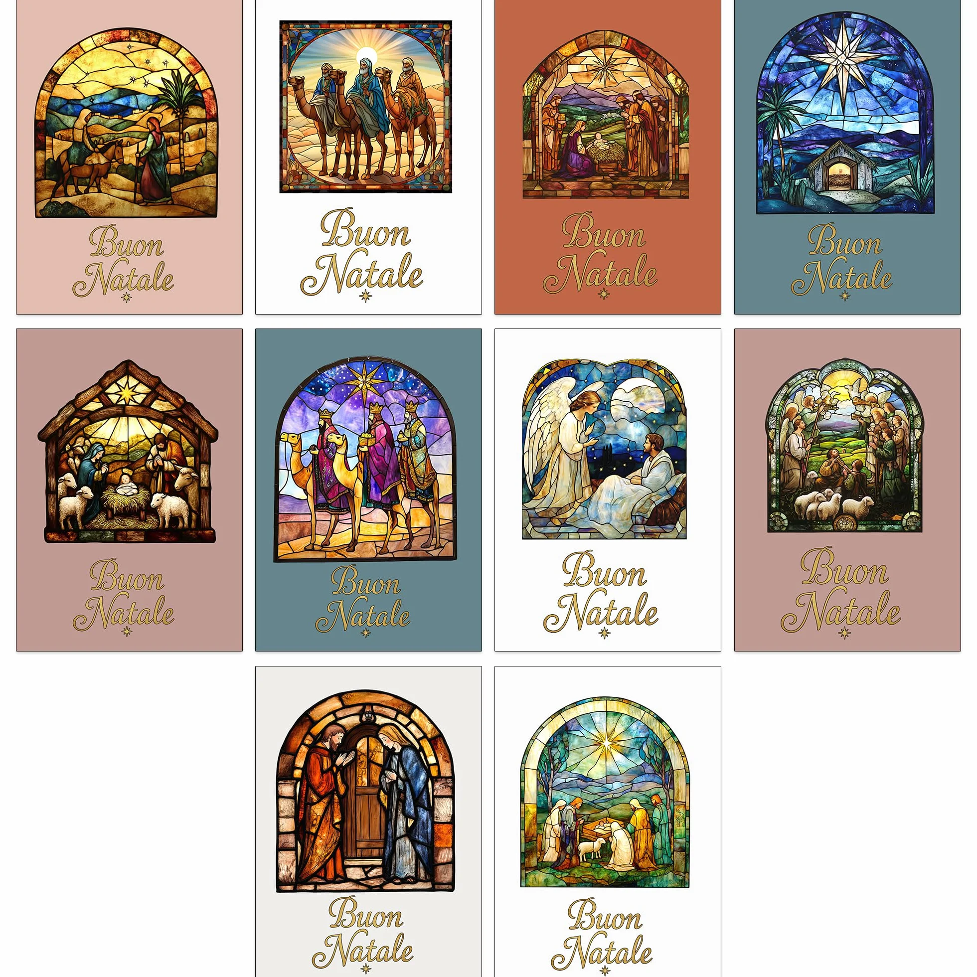 Set di 30 Biglietti di Natale Religiosi A6 con Vetrate 10 Design Cristiani Buste Bianche