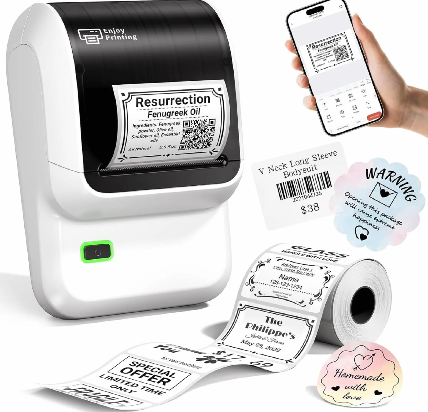 Stampante per etichette, etichettatrice Bluetooth M100, autoadesiva, con etichette, stampante termica per vendita al dettaglio, codice a barre, indirizzo, abbigliamento (White)