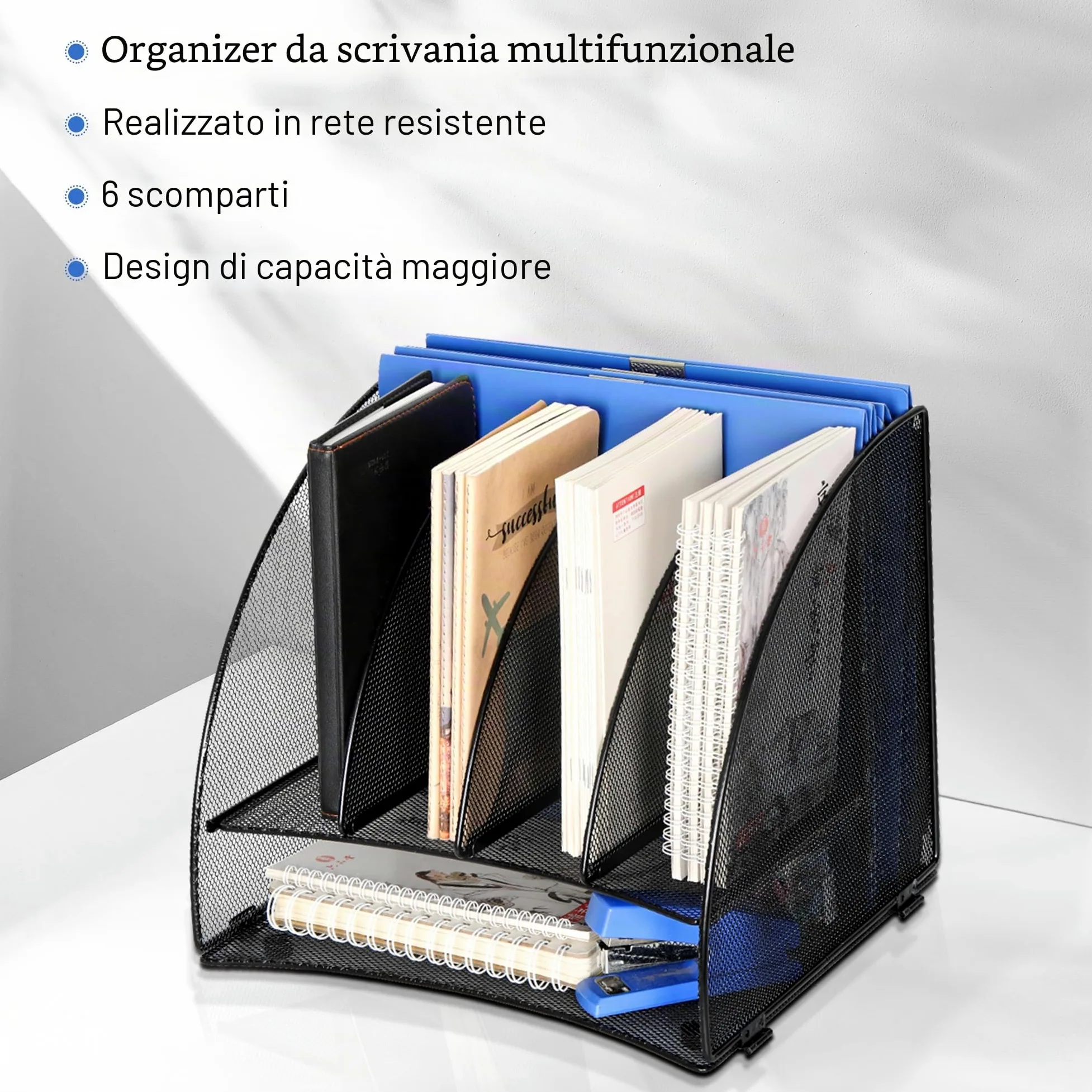 TQVAI Organizer Scrivania, Metallo 6 scomparti Portadocumenti da Scrivania, Portariviste Organizer Documenti A4 per Scuola, Casa, Ufficio Cancelleria, Nero
