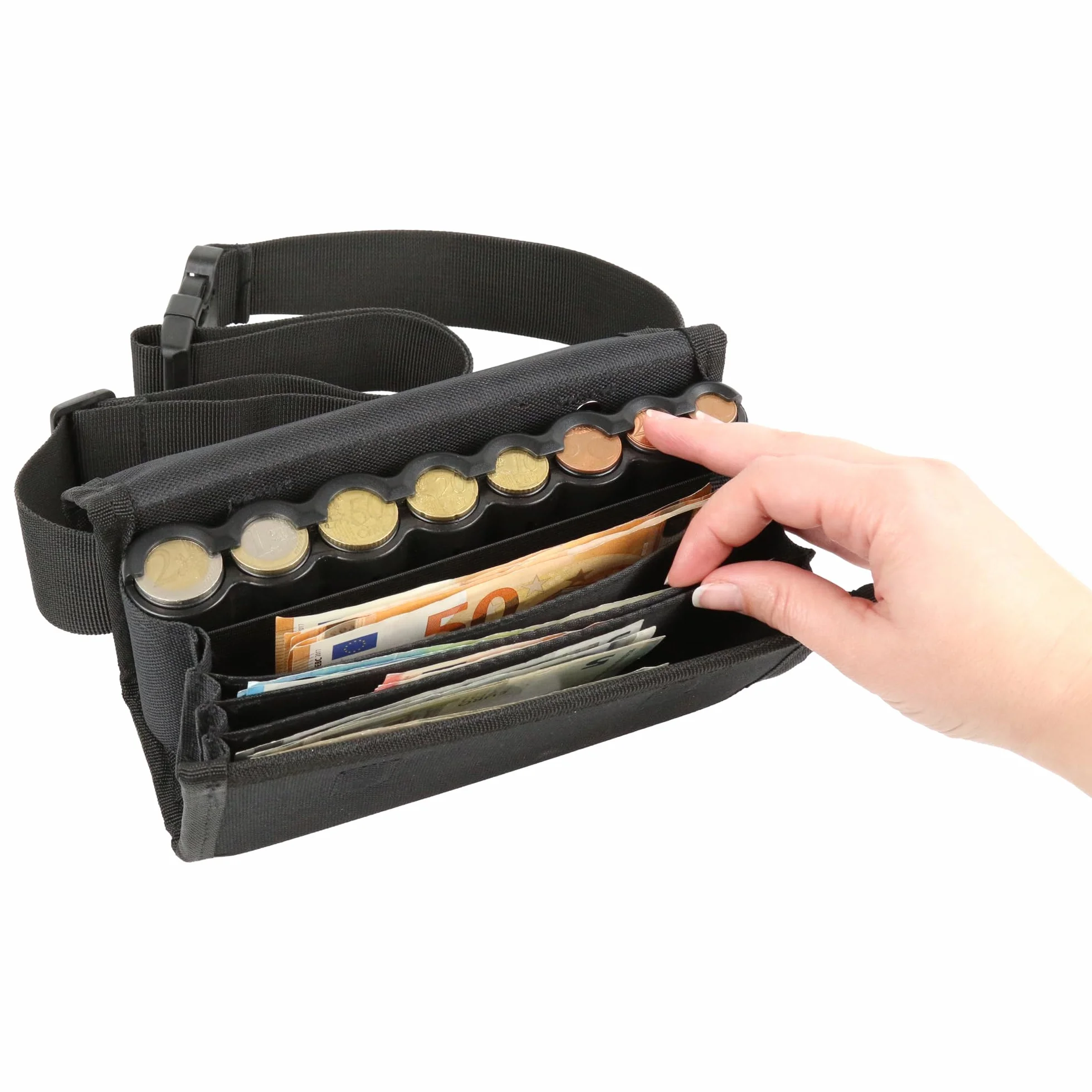 Monepass - Borsa da Cameriere con Cambiamonete in Abs nero inclusa (8 pezzi). Chiusura Magnetica - Versione per l'uso quotidiano