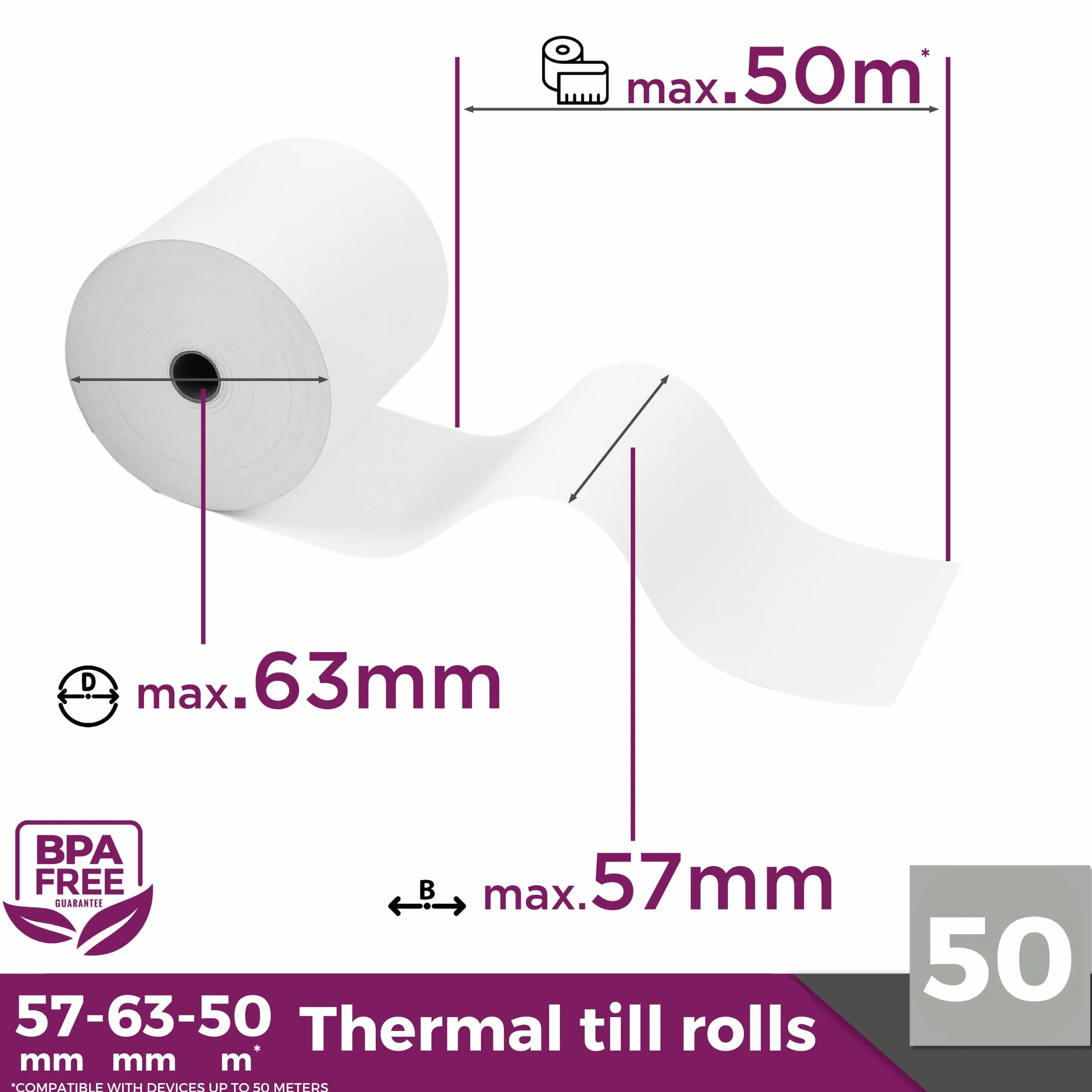Rotoli termici 57 mm x 63 mm x 12 mm – Rotoli per registratori di cassa con stampante – Carta termica per sistemi di cassa – Senza BPA (57 – 58 x 63 x 12) (50 rotoli)
