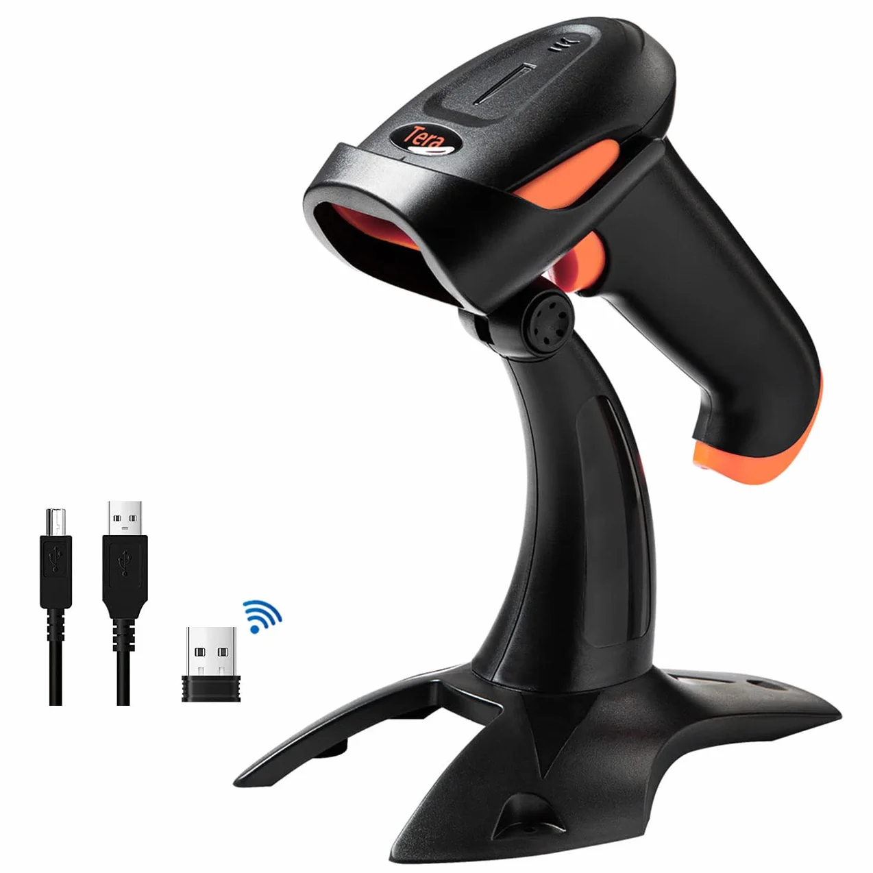 Scanner di codici a barre QR 2D wireless Tera con supporto, 3 in 1 compatibile con Bluetooth e lettore di codici a barre wireless a 2,4 GHz e USB cablato Lettore di codici a barre portatile HW0001