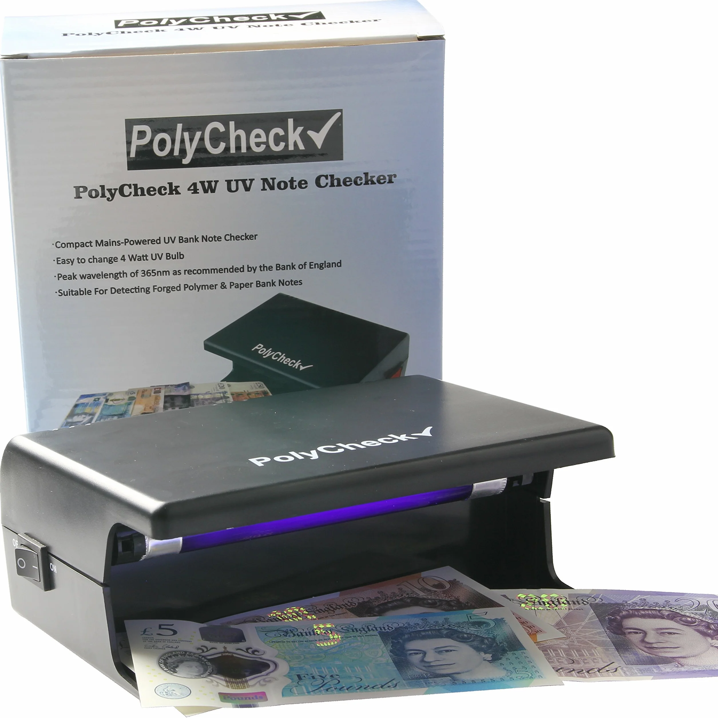 Lampada UV per verifica banconote, con lampadina 4W con Easy-Change - rileva polimeri e banconote falsi