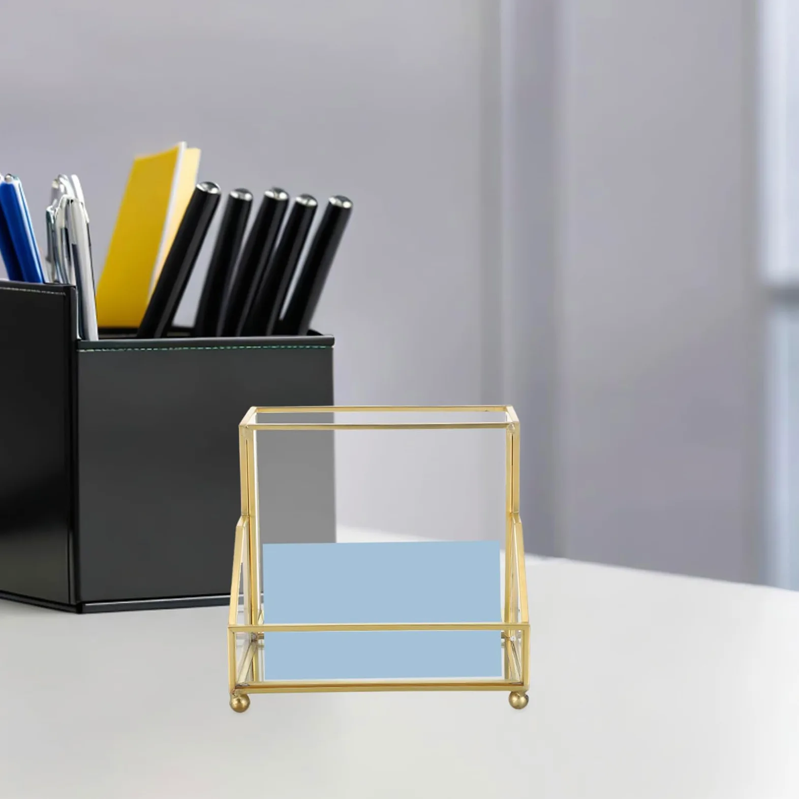 PLAFOPE Porta Biglietti da Visita Dorato con Elegante Organizer da Scrivania Multifunzione per Ufficio Supporto Compatto per Biglietti Standard Custodia Salvaspazio per Incontri e Riunioni