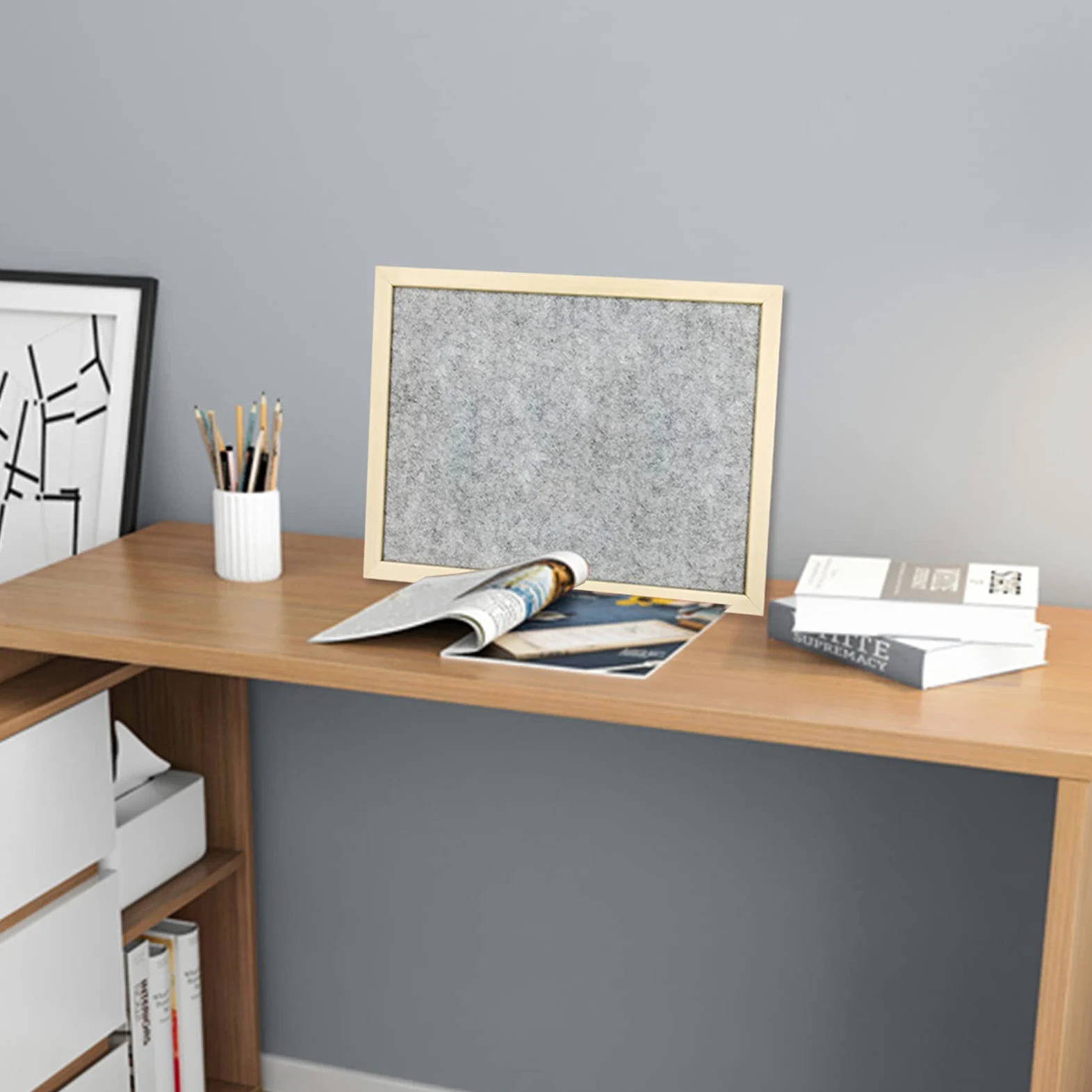 Bacheca in Feltro Piccolo 30X40CM Lavagna in Feltro Grigio, Confezione da 2, Cornice in Legno, per Decorazioni da Parete per Ufficio A Casa, Promemoria per Messaggi