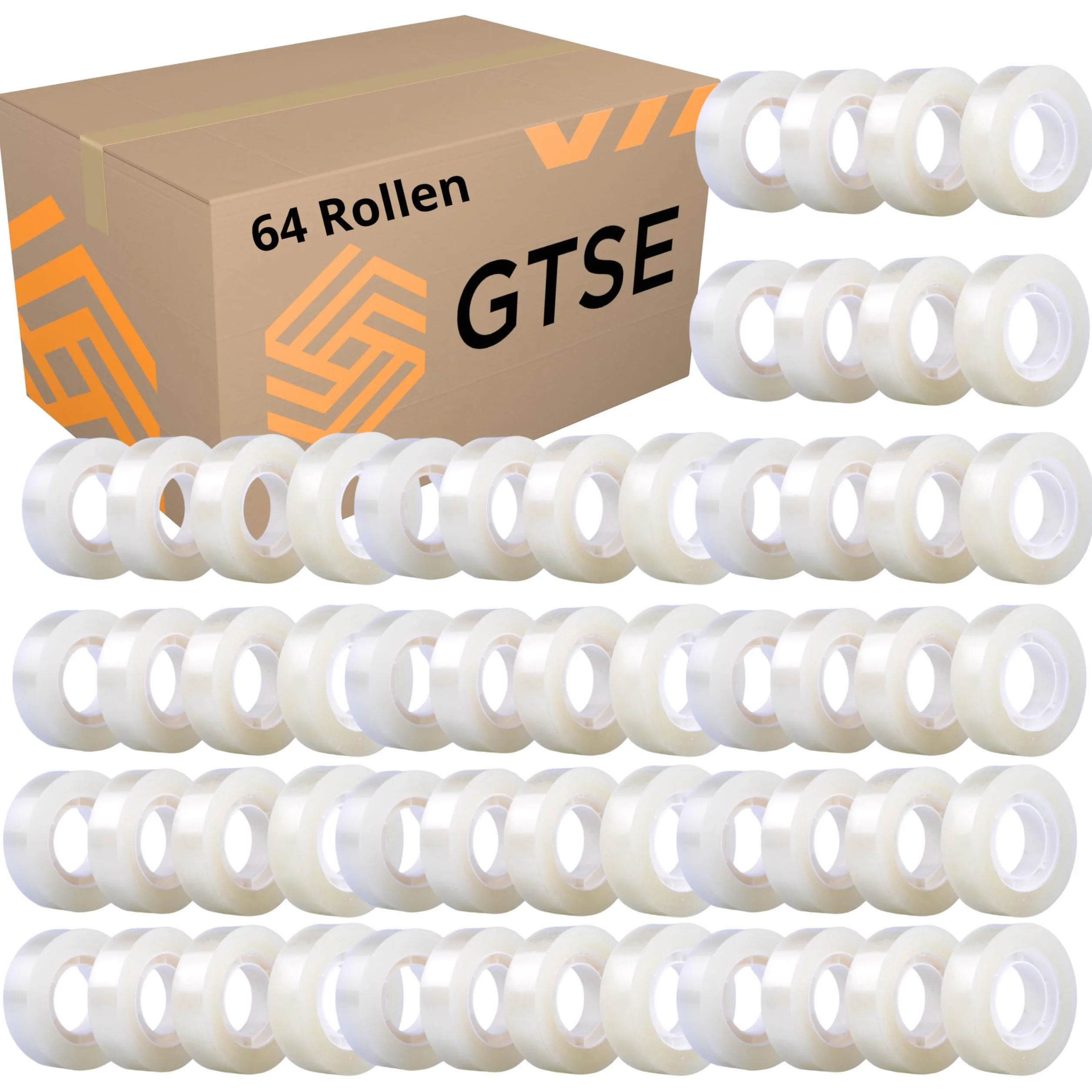 GTSE - Nastro adesivo trasparente - 19 mm x 33 m - Nastro adesivo per confezionare regali, casa, scuola e ufficio - 64 rotoli