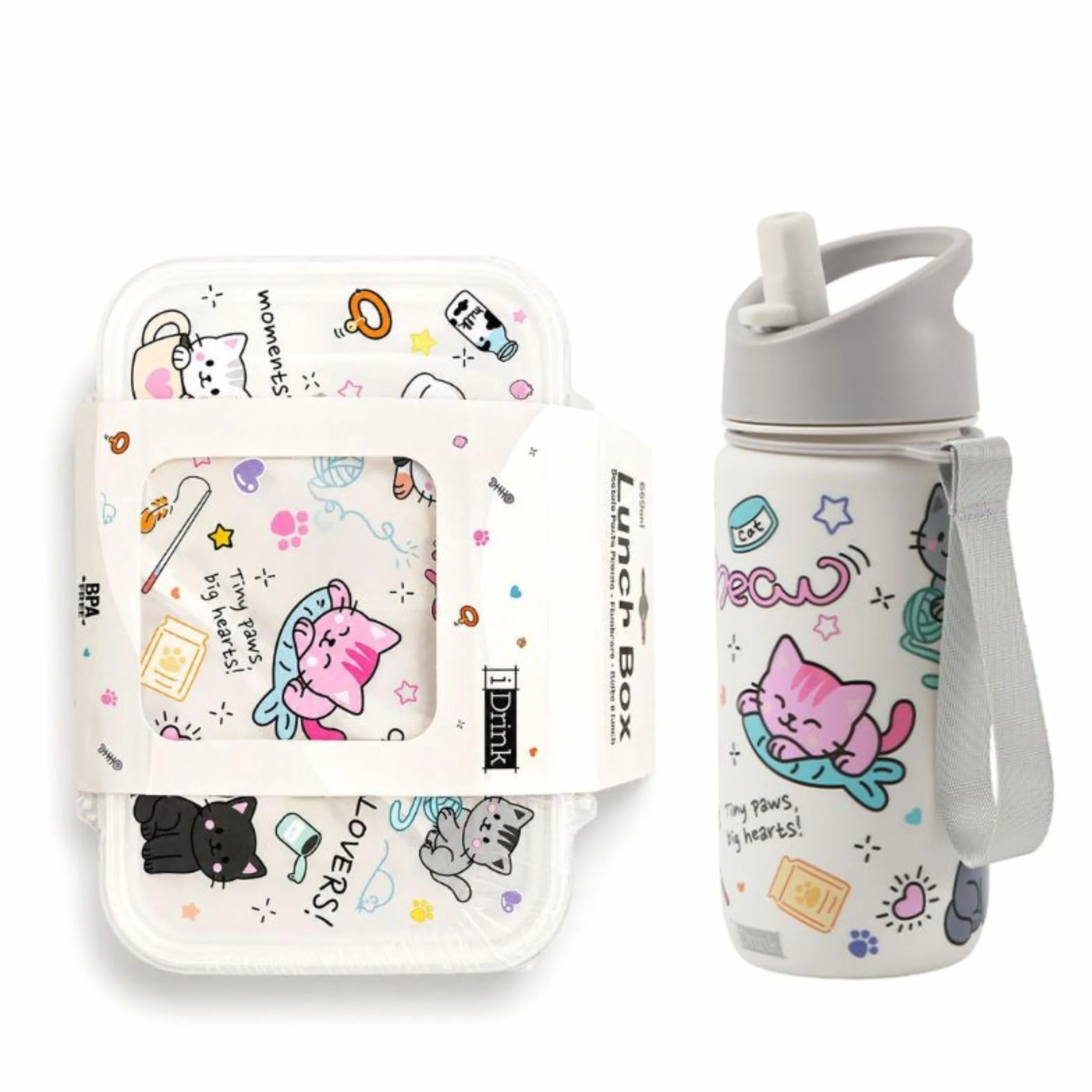 iDrink Set Scuola Bambini - Borraccia Termica 420ml con Cannuccia + Lunch Box con Posate e Scomparti - Acciaio Inox e PP BPA Free - Kit Pranzo e Merenda per Asilo ed Elementari - per Gite (Gattini)