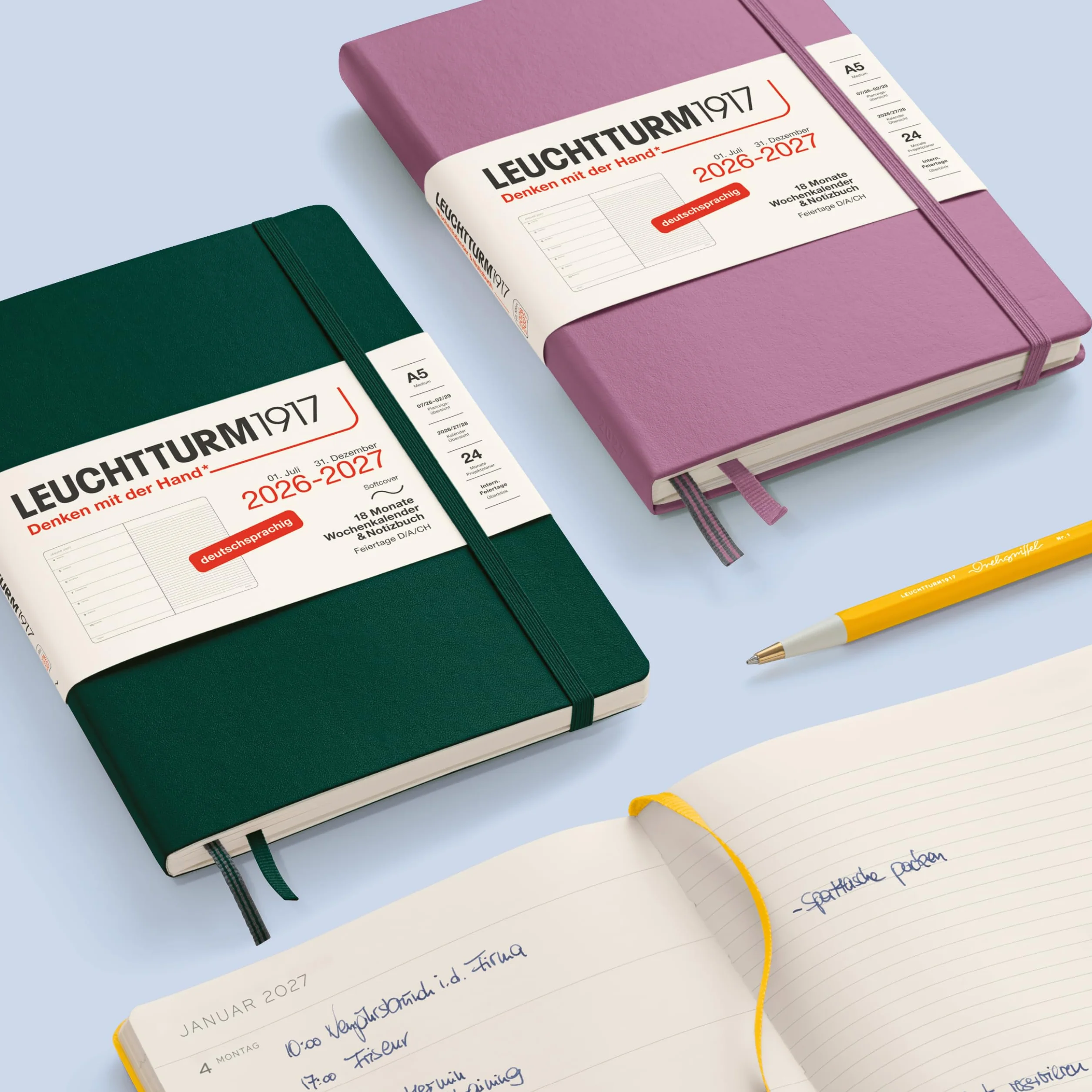 LEUCHTTURM1917 Agenda settimanale 2027 A5 con taccuino, a righe, agenda tedesca, 18 mesi luglio 2026 - dicembre 2027, Sunflower, copertina morbida, 210 x 145 mm, panoramica settimanale sinistra +