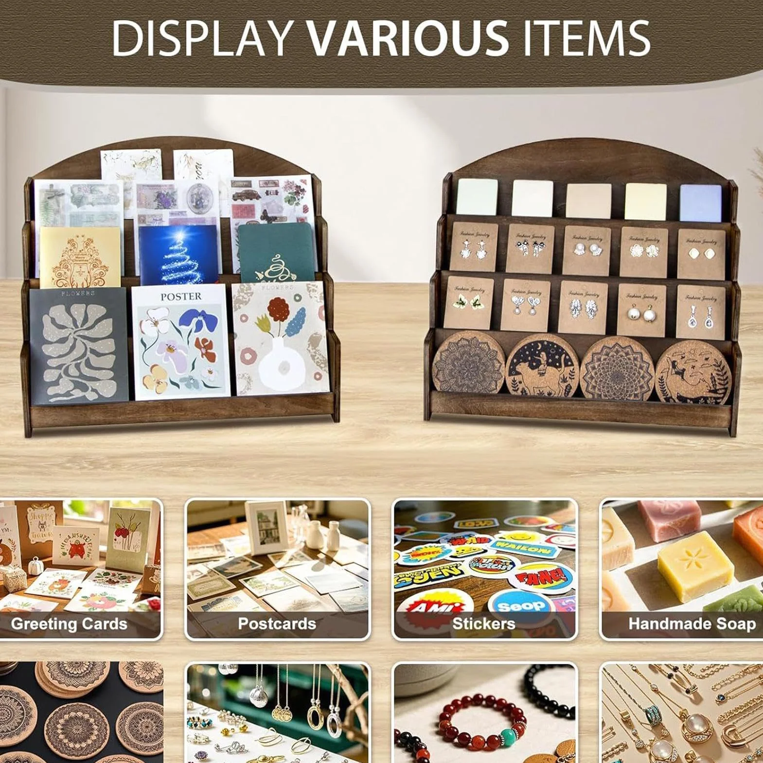 Espositore per Carte da Collezione Organizer 4 Ripiani per Cartoline | Espositore per Biglietti Augurali per Insegna Immagine Festa Business Cupcake Libro Foto Profumo Scrivania Tavolo