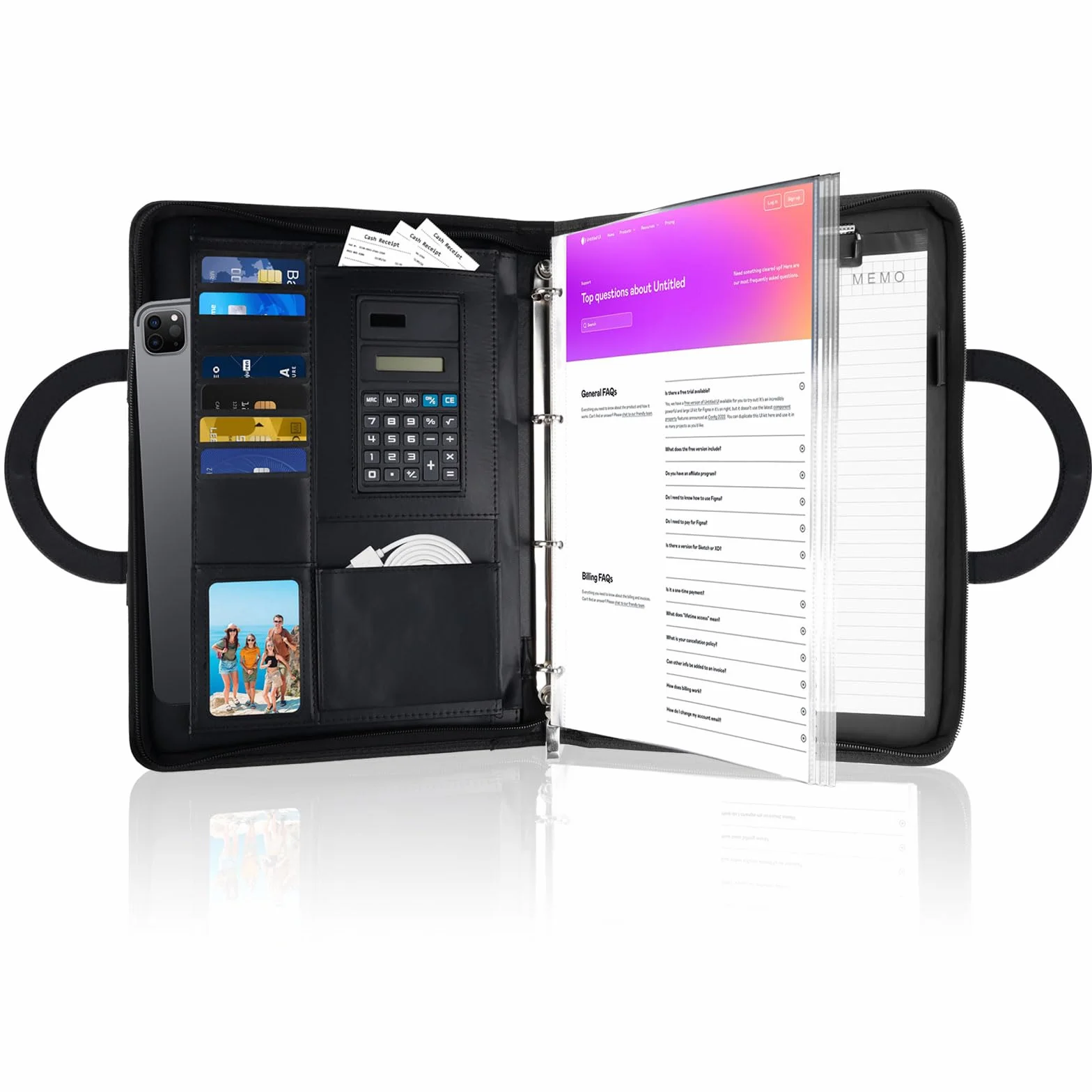 Cartella Portadocumenti A4 in Pelle con Calcolatrice, Tasca per Tablet, Organizer Ufficio e Scuola