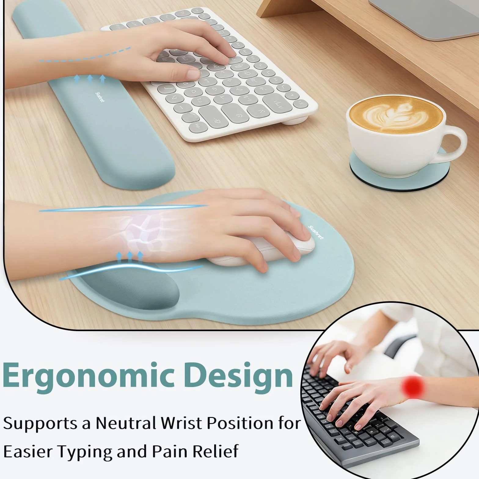 Sushret Tappetino Mouse e Poggiapolsi per Tastiera, Set Ergonomico 3-in-1 in Gel Memory Foam con Supporto per Braccio, Accessori da Scrivania per Computer, Gaming e Ufficio
