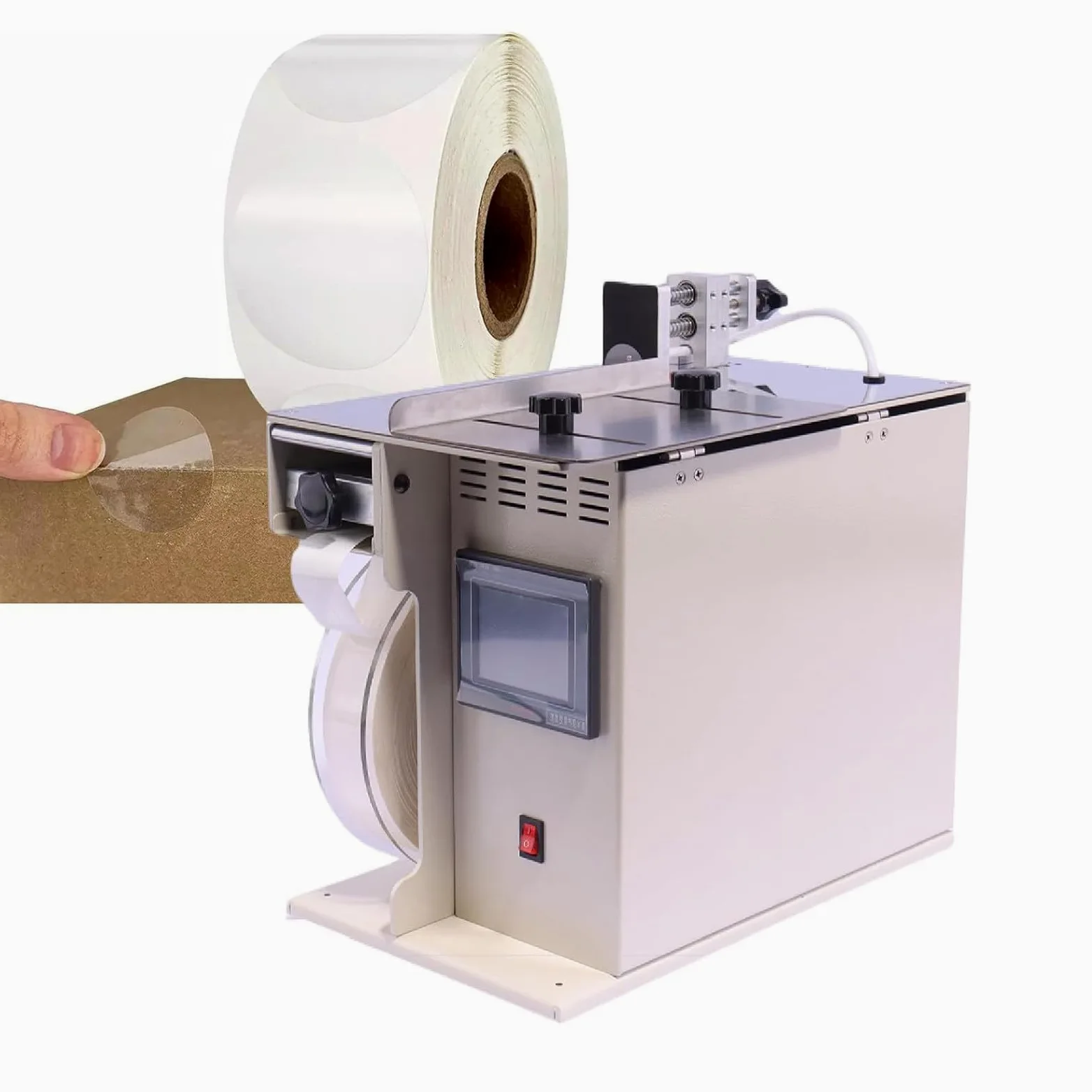 Etichettatrice automatica ad angolo retto, applicatore di etichette angolari da 200 W con regolazione di velocità e lunghezza, controllo touch screen, corpo in metallo resistente per attività di