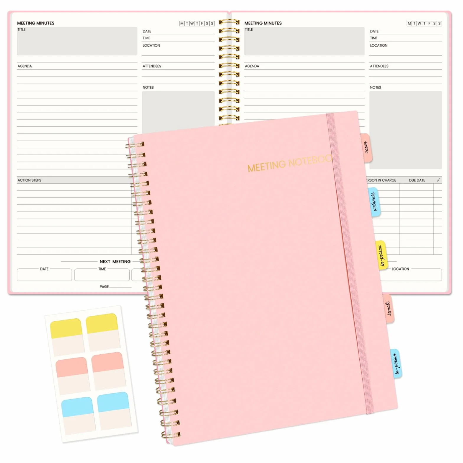 SUNEE Quaderno per riunioni per lavoro con oggetti di azione, 240 pagine, formato A4, agenda per riunioni, agenda e minuti per donne, uomini, appunti, ufficio, ufficio, affari, 21,5 x 28,9 cm, rosa