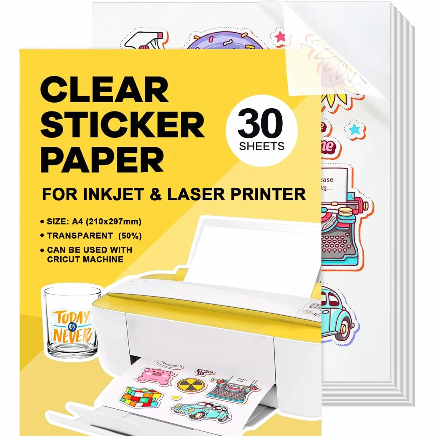 Carta Adesiva Trasparente per Stampante Laser A4 30 Fogli 21x29,7 cm Vinile Impermeabile