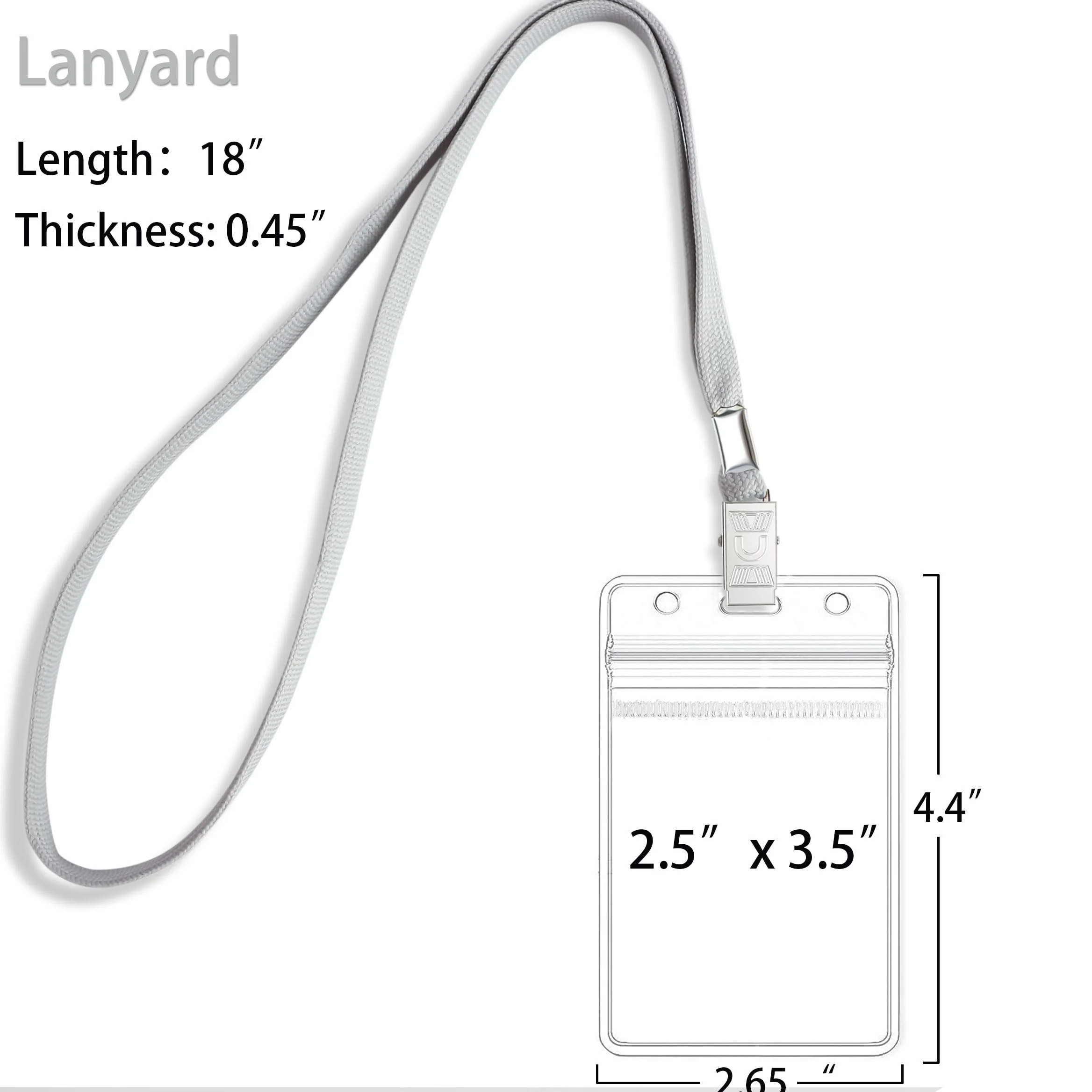 100 targhette porta badge in plastica trasparente e 100 cordini neri con clip (grigio)