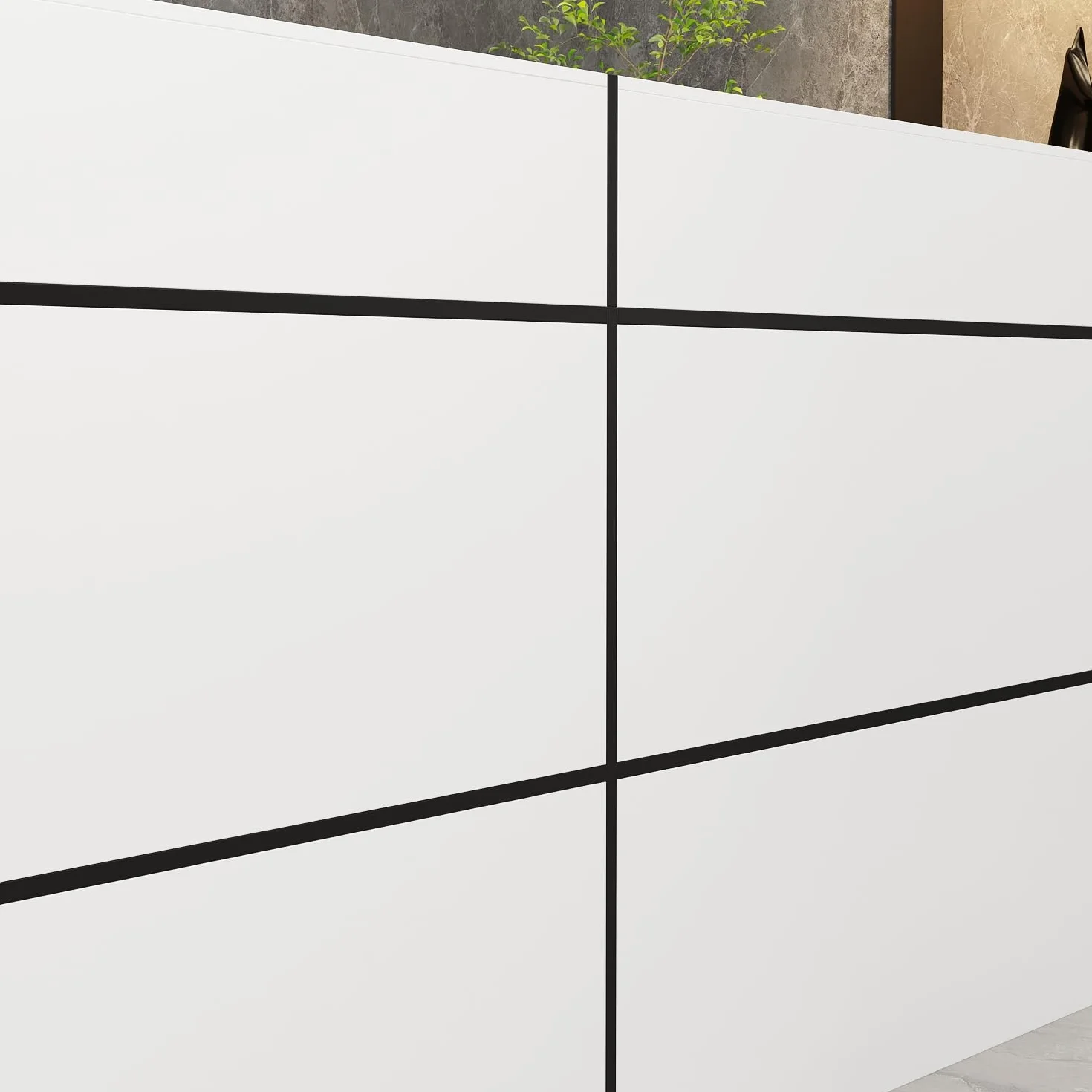 Banco di lavoro con grande superficie, bancone reception tavolo mobile, ufficio con protezione per la privacy, bianco, 220 x 60 x 100 cm