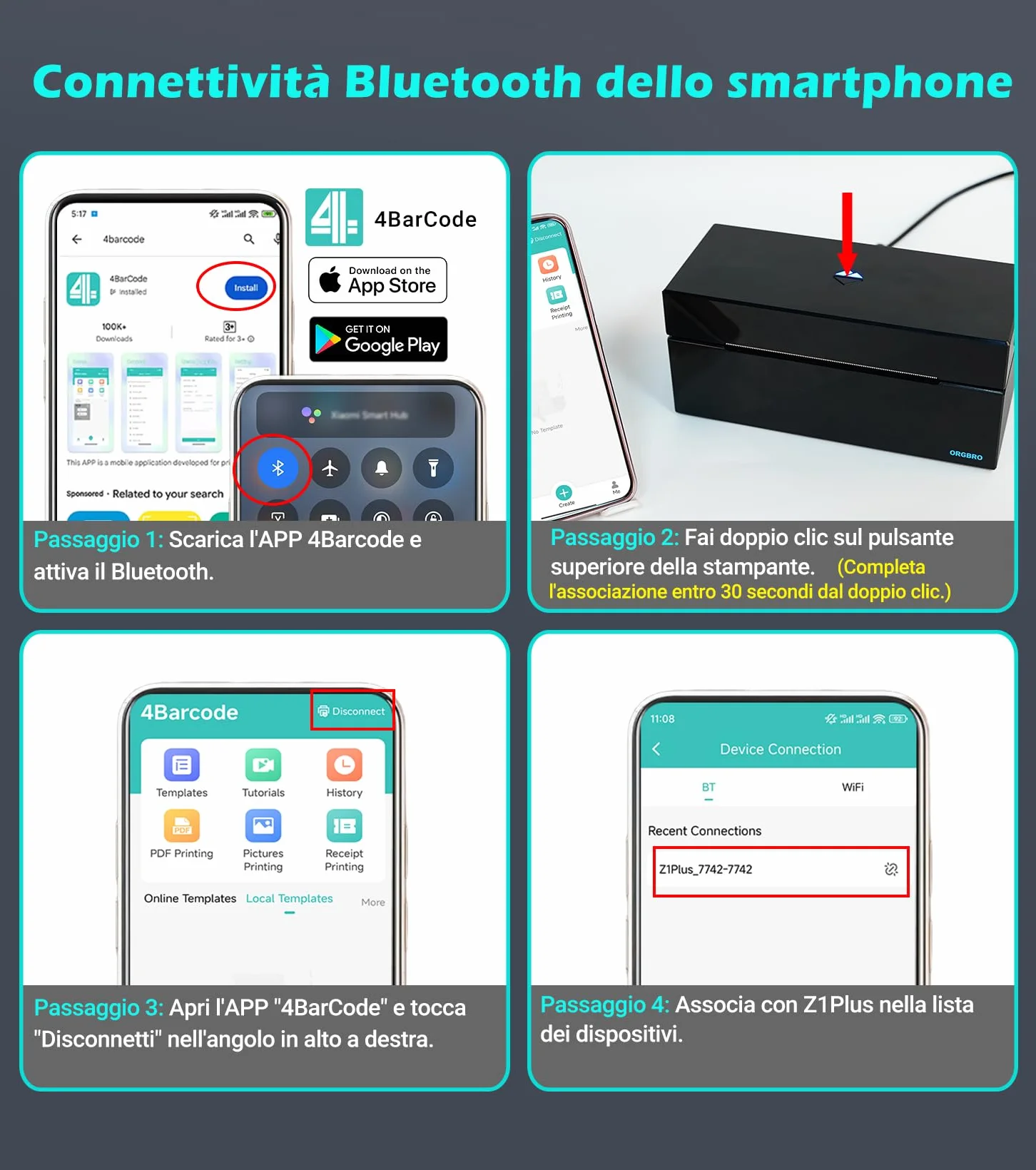 Stampante Etichette ORGBRO Z1 Plus Bluetooth 4x6 Termica per Spedizione, Compatibile Amazon eBay Shopify, Nero