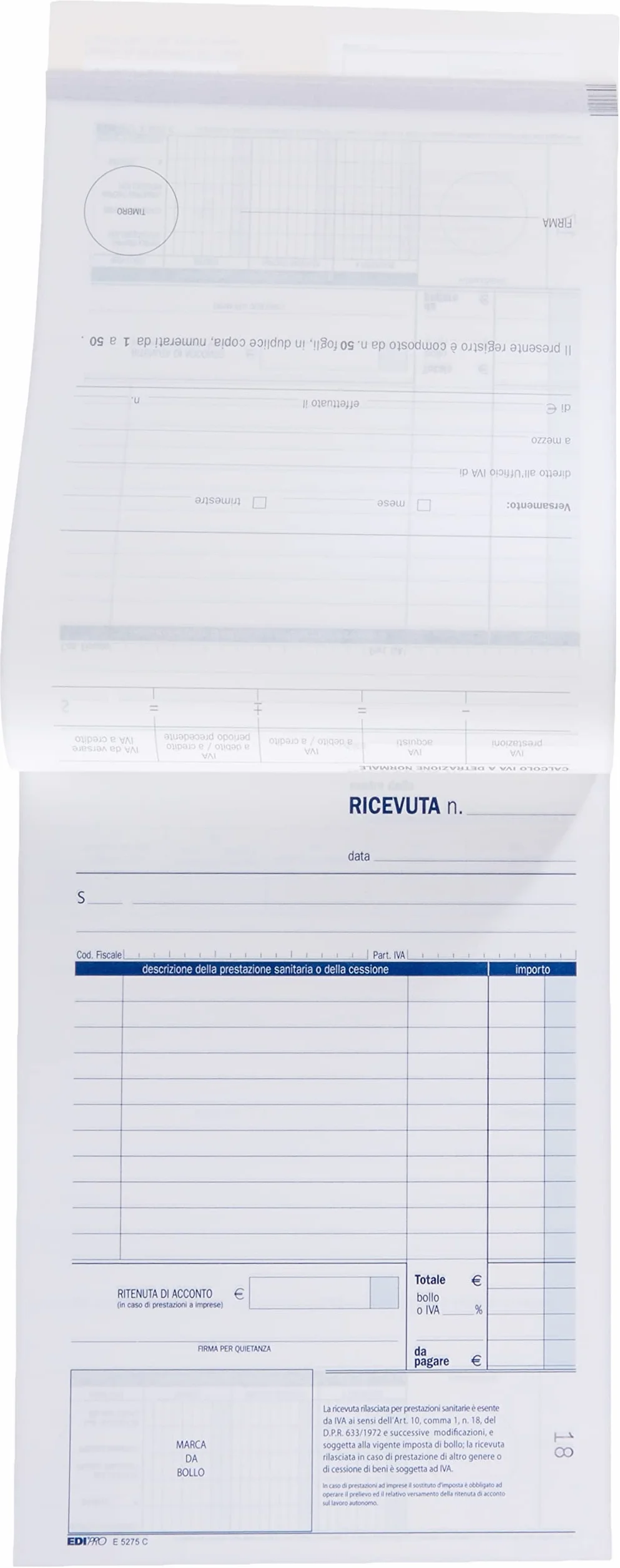 Blocco ricevute sanitarie numerate Edipro E 5275 C, 50 fogli autoricalcanti 23x15 cm