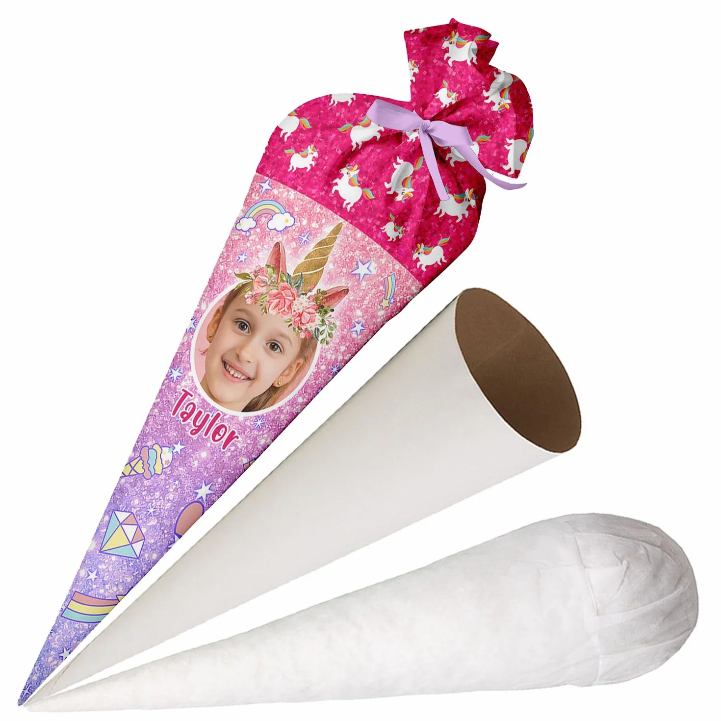Ferocity Cono di Scuola Unicorno Glitter PHOTO Personalizzato 70 cm Cono di Zucchero con Struttura di Cartone e Riempimento Grande Cuscino