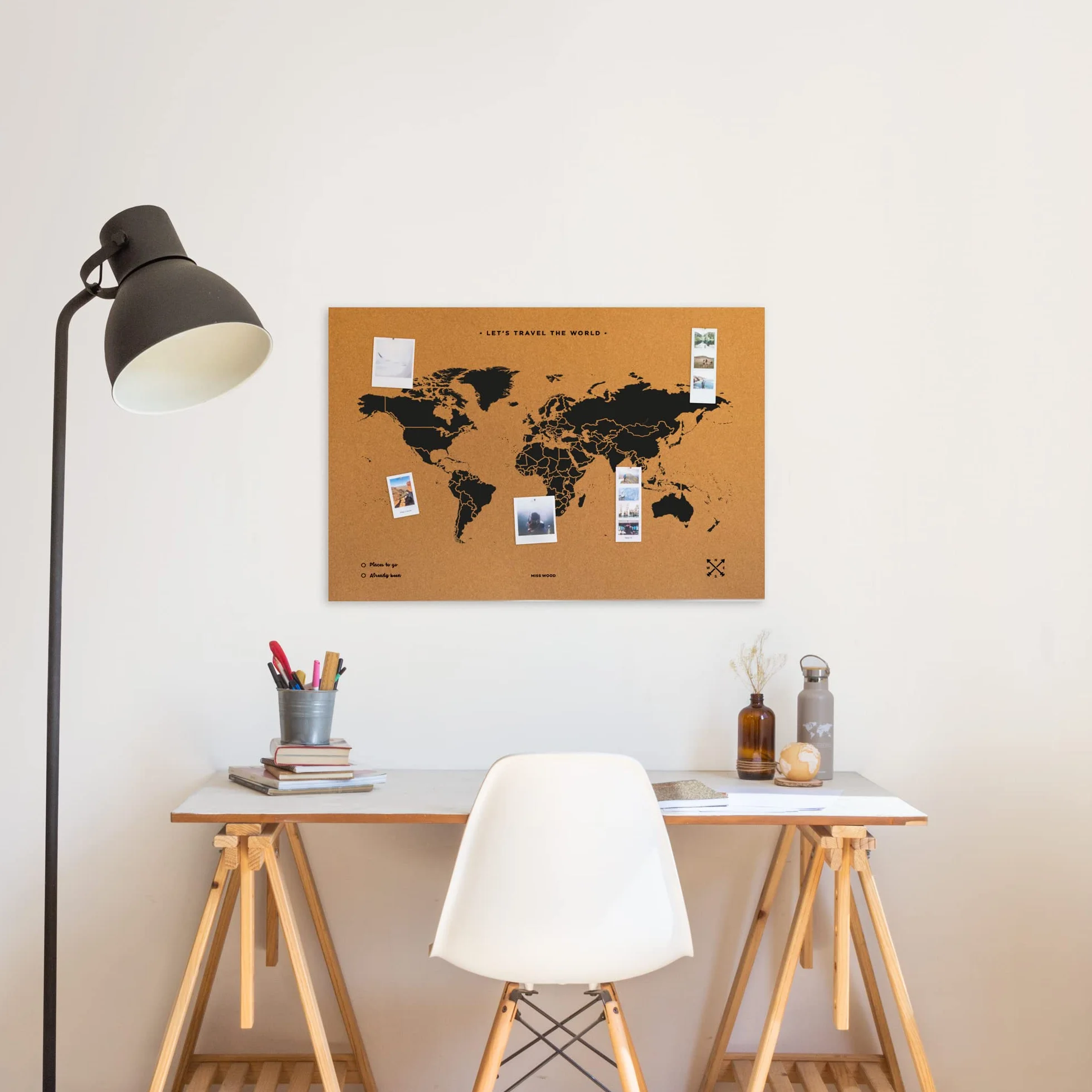 Miss Wood Map XL, Mappa del mondo di Sughero, 60 x 90 cm, Naturale/Nero