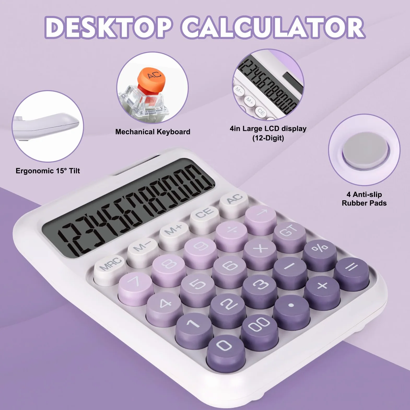 Calcolatrice meccanica con pulsanti grandi, calcolatrice da tavolo, 12 cifre, alimentazione a batteria solare, calcolatrice da tavolo, grande display LCD, simpatiche calcolatrici viola per