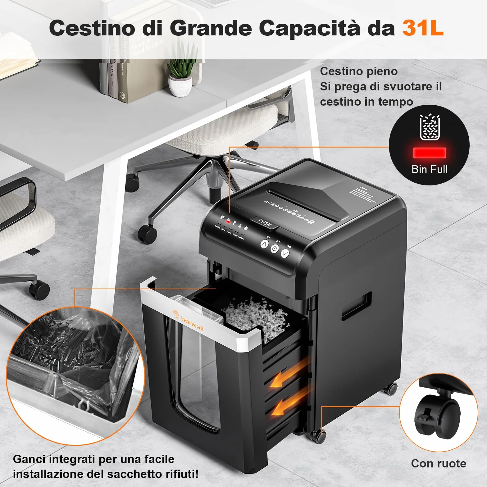 Bonsaii Distruggi documenti con Alimentazione Automatica da 200 Fogli, 60 Minuti di Funzionamento Continuo, Taglio a Frammento P-4, Cestino da 31L, Silenzioso e Ideale per Ufficio, C283-A