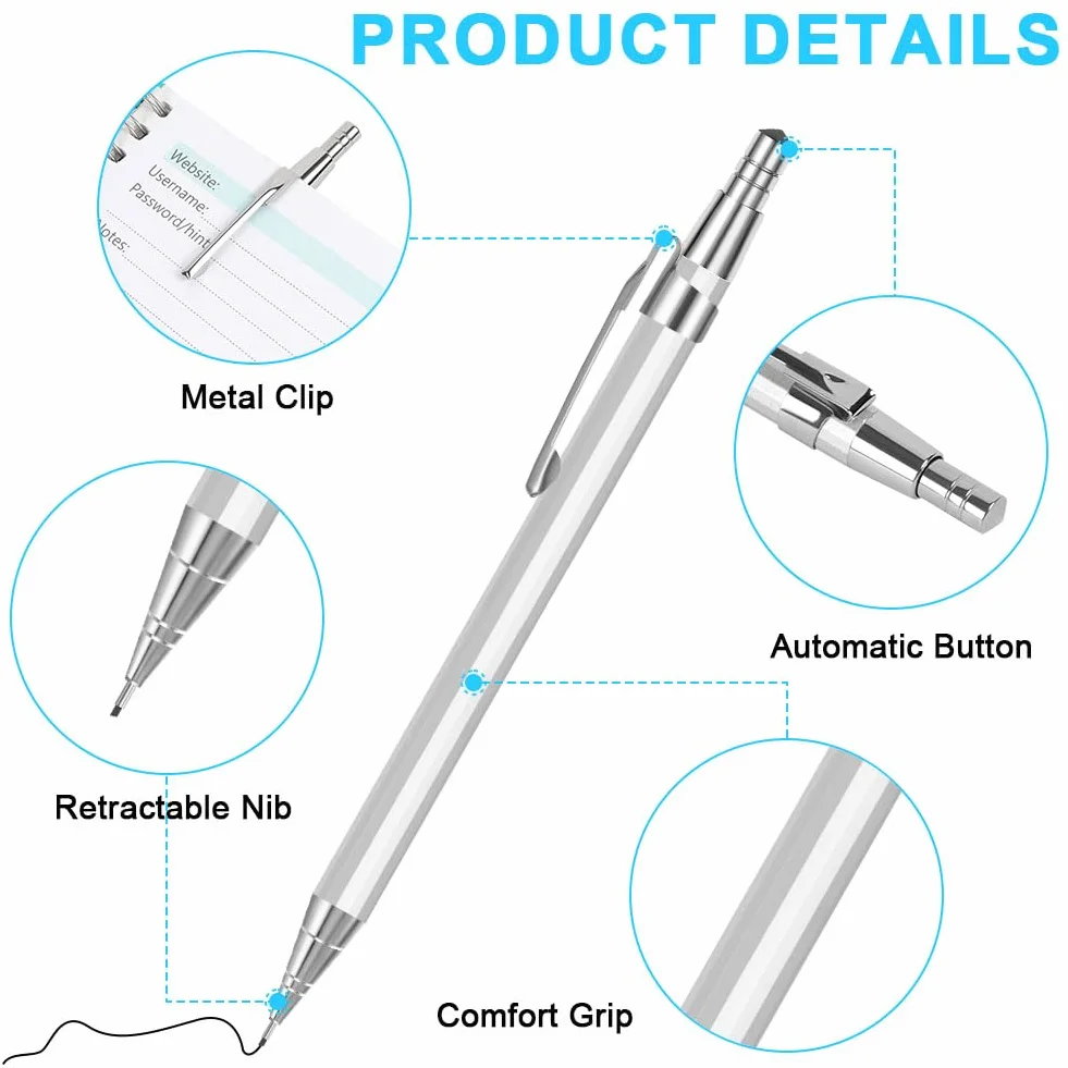 OFFCUP Set Matite Meccaniche 0.5mm Portamine in Metallo con 2 Tubo HB Mine per Disegno Scrittura Schizzi Argento