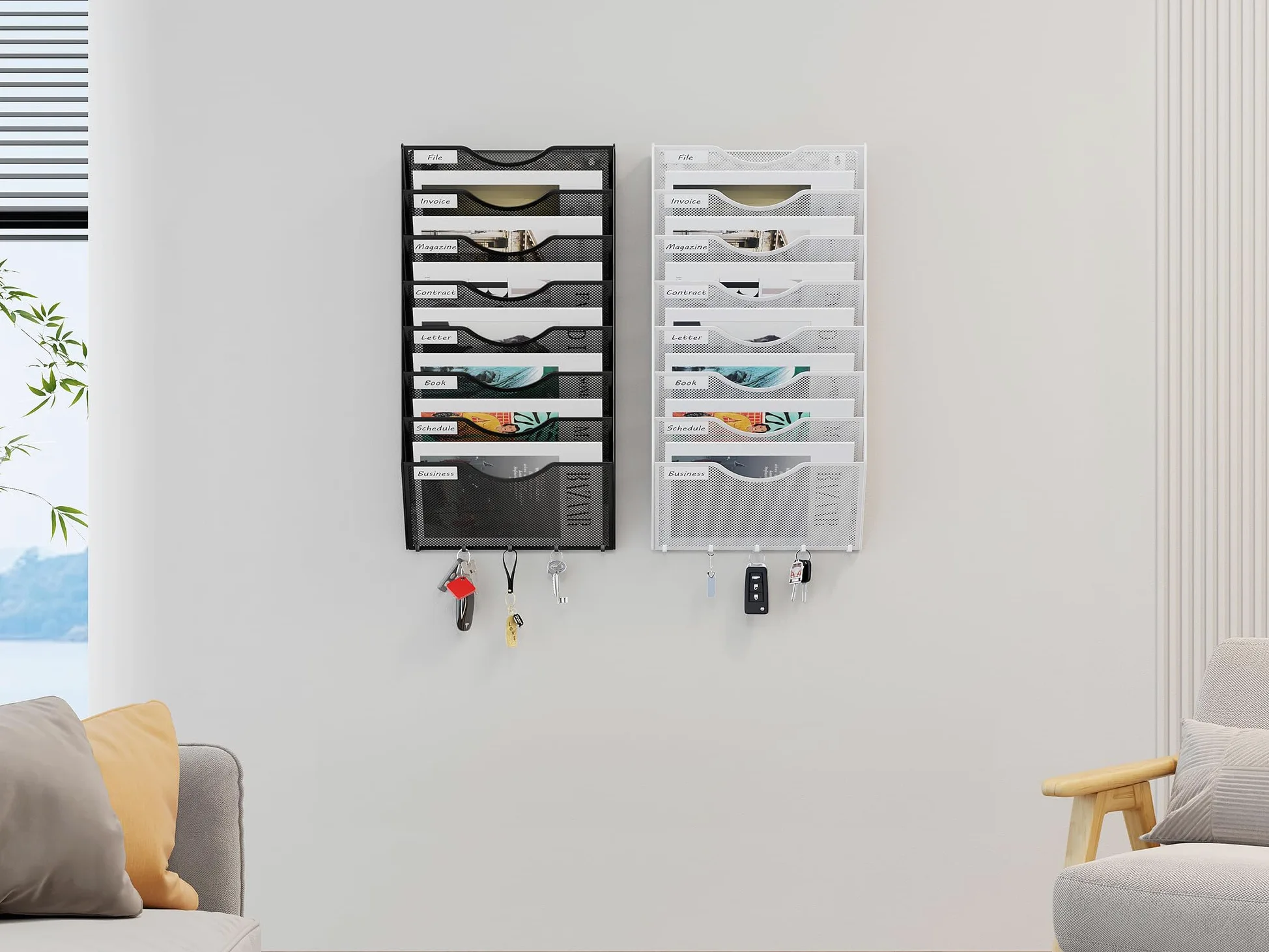 EasyPAG Portadocumenti a Parete A4 8 Compartimenti Metallo Rete,Portariviste a Muro,Porta Lettere da Appendere,Organizzatore Posta da Muro con 5 Ganci per Ufficio & Casa,Nero