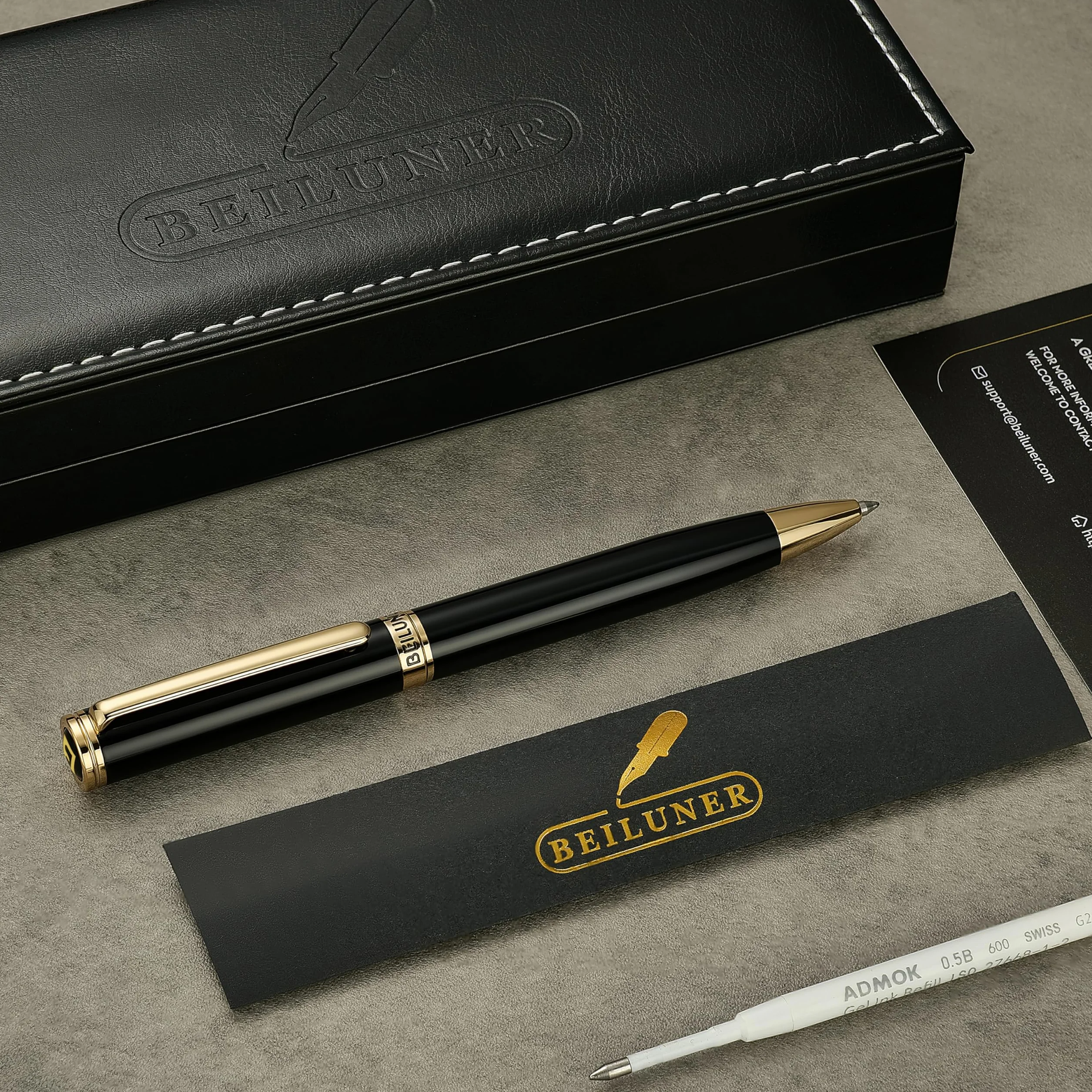 BEILUNER Penna a Gel Lusso con Finitura Oro 24K, Lacca Nera Piano, Artigianato di Classe, Miglior Set Regalo per Uomo/Donna, Professionale, Executive, Ufficio, Retrattile