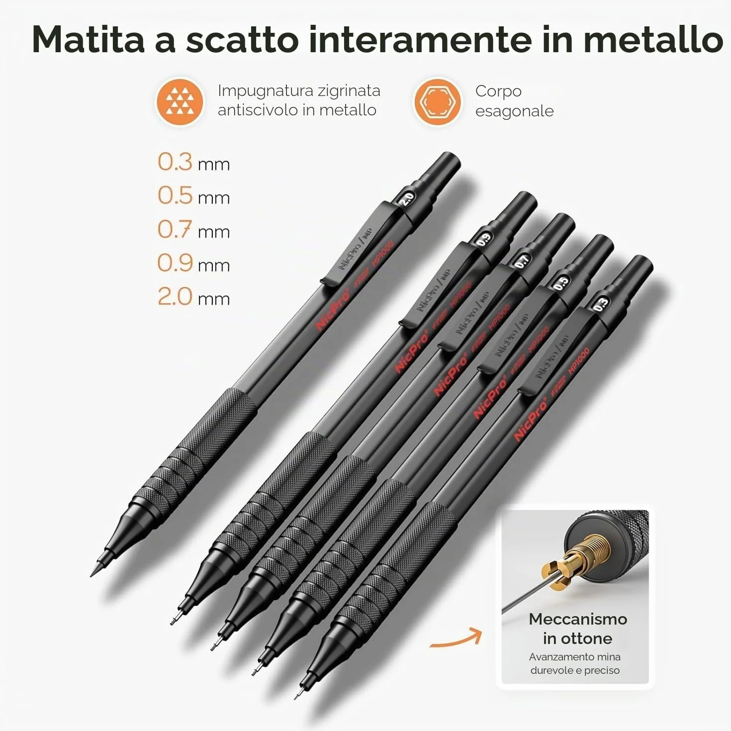 Nicpro 6 pezzi matite meccaniche in custodia pelle, portamine da disegno artistico da 0,3 0,5 0,7 0,9 2 mm per schizzi e scrittura, matita con 18 ricariche di mine (6B 4B 2B HB 2H 4H colori)
