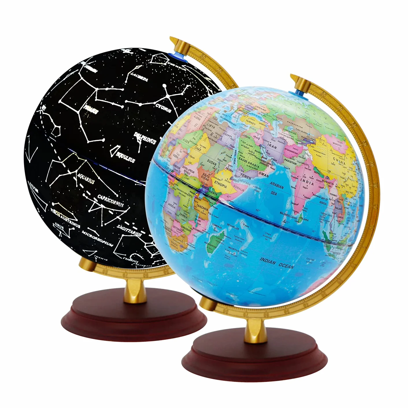 EXERZ 20cm Mappamondo illuminato - Mappa Inglese - Globo Supporto in Legno - Mappa Politica (Giorno) - Stelle Della Costellazione (Notte) - Lampada LED - Casa E Scuola