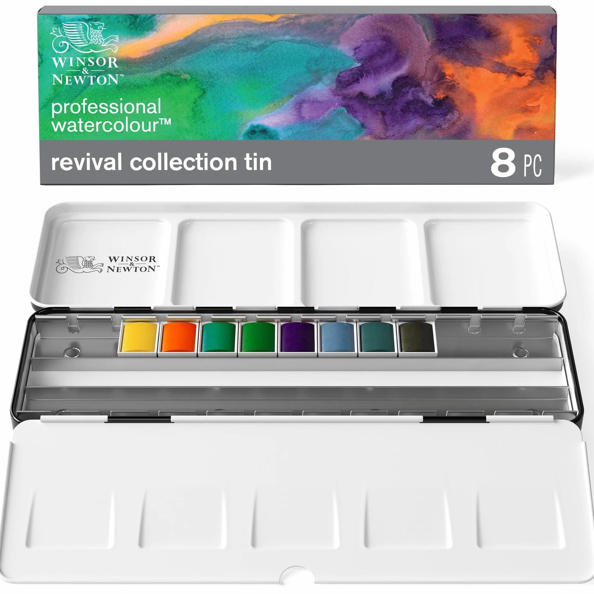 Winsor & Newton 0190824 Matite professionali per acquerello, Scatola di metallo, Collezione Revival - Set di 8 mezzi godet