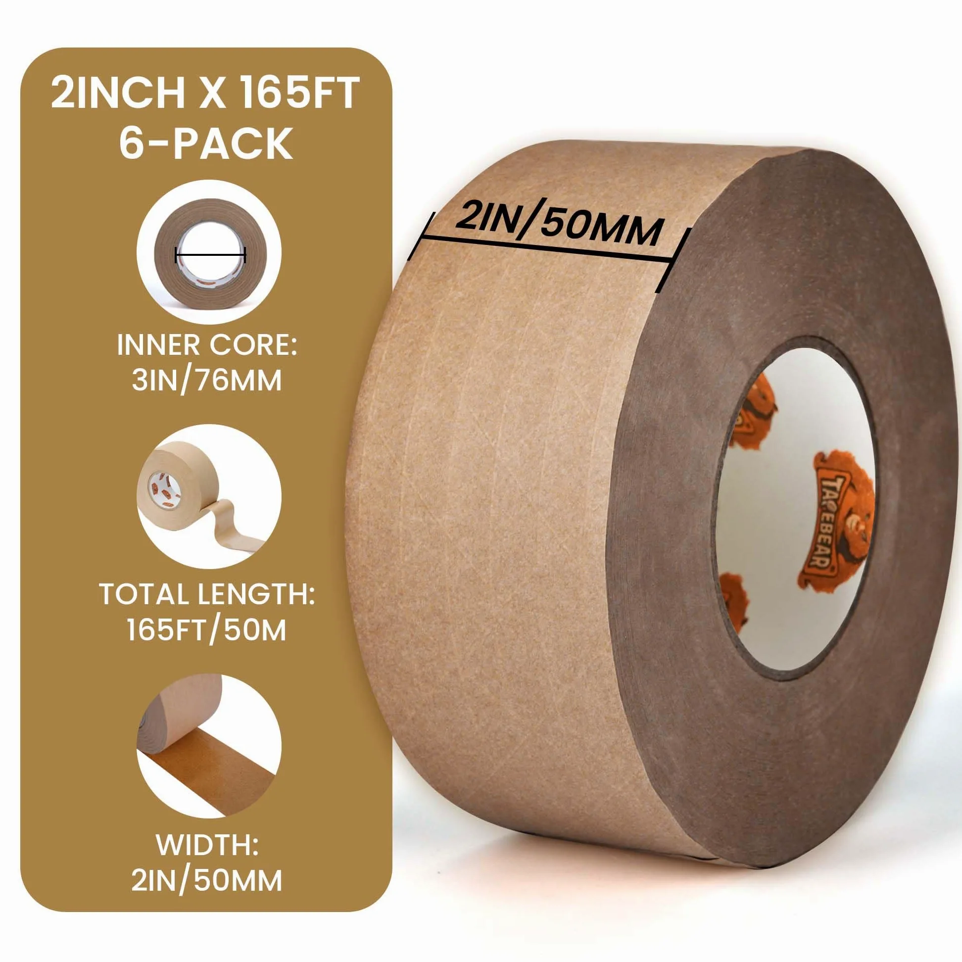 TAPEBEAR Nastro adesivo kraft rinforzato 5cm x 50m | ecologico alta resistenza per imballaggi pesanti e chiusura, lotto 6 rotoli