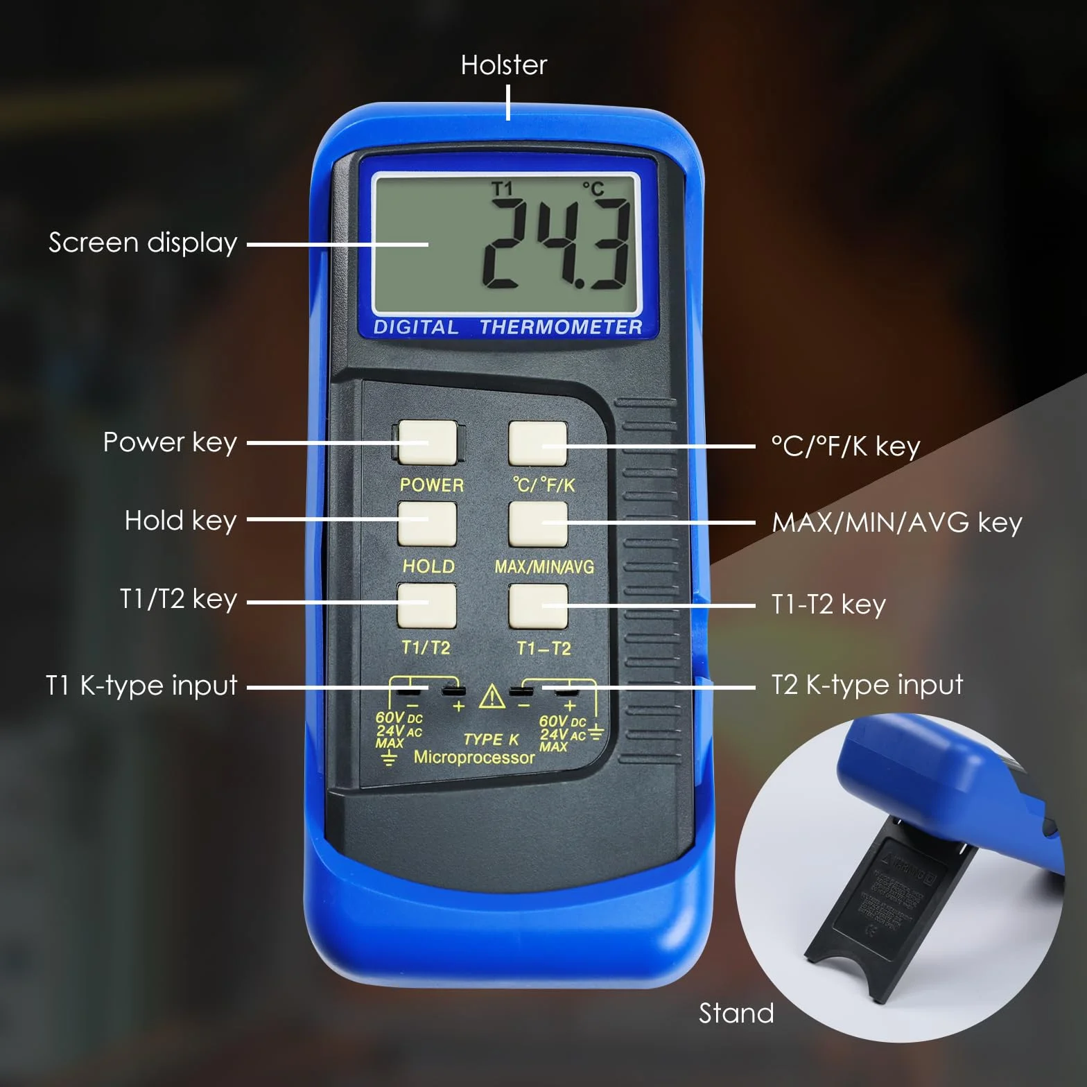 Termometro Digitale Tipo K Termocoppia Doppio Canale 4 Sonde Cablate Acciaio Inossidabile -50~1300°C Tester Portatile