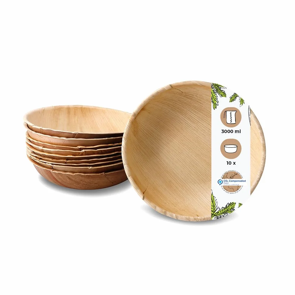 GREENBOX Palmware Set di 10 stoviglie usa e getta in foglie di palma, ciotola rotonda 30 cm 3000 ml beige