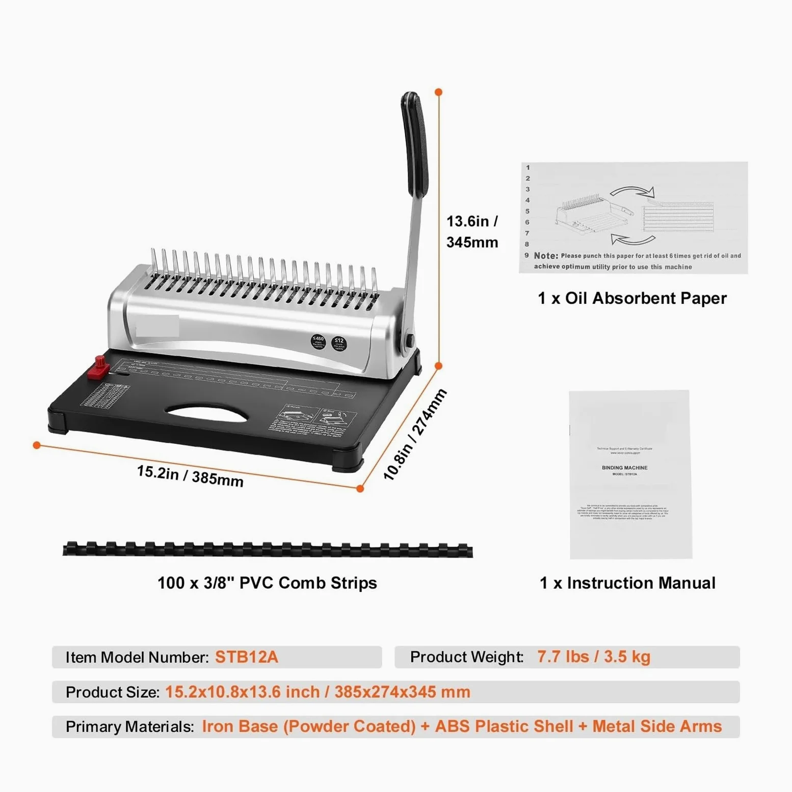 Macchina rilegatrice a pettine 21 fori Rilegatura 450 fogli con 100 pezzi 3/8'' dorsi a Uso in ufficio e a scuola