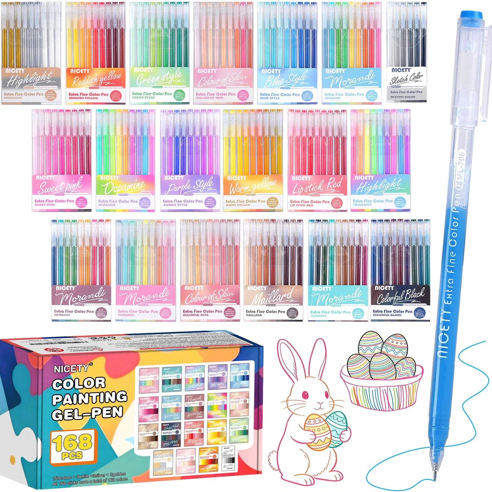 NICETY 168 Colori Gel Penne a Sfera Neutre, Alta Capacità, 0,5 mm, Trasparente, per Artisti e Studenti, Disegno, Pittura, Rientro Scuola, Regali