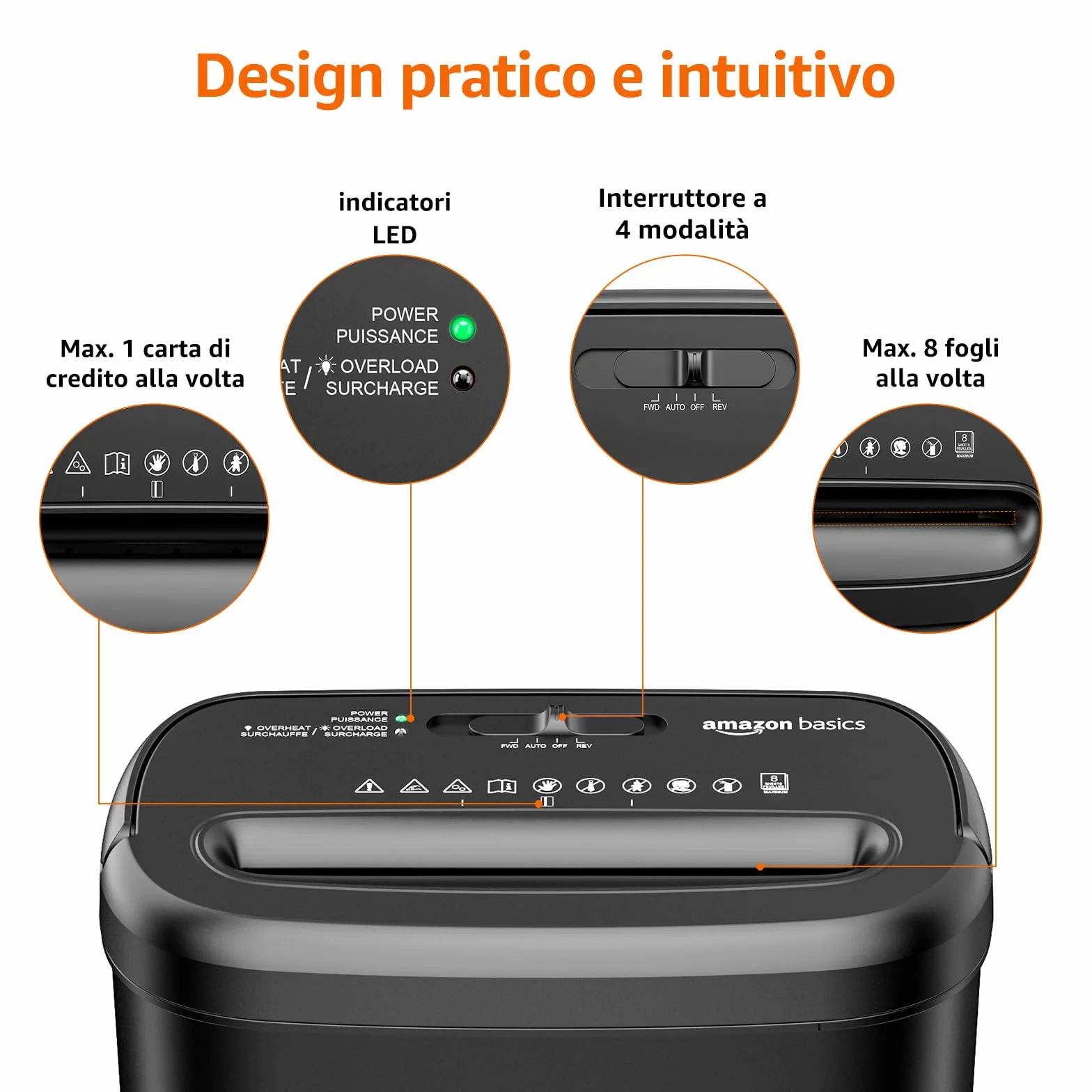 Amazon Basics Distruggidocumenti a Taglio Trasversale da 8 Fogli per Carta e Carte di Credito, 8 Fogli (Nuovo Modello, Nero)