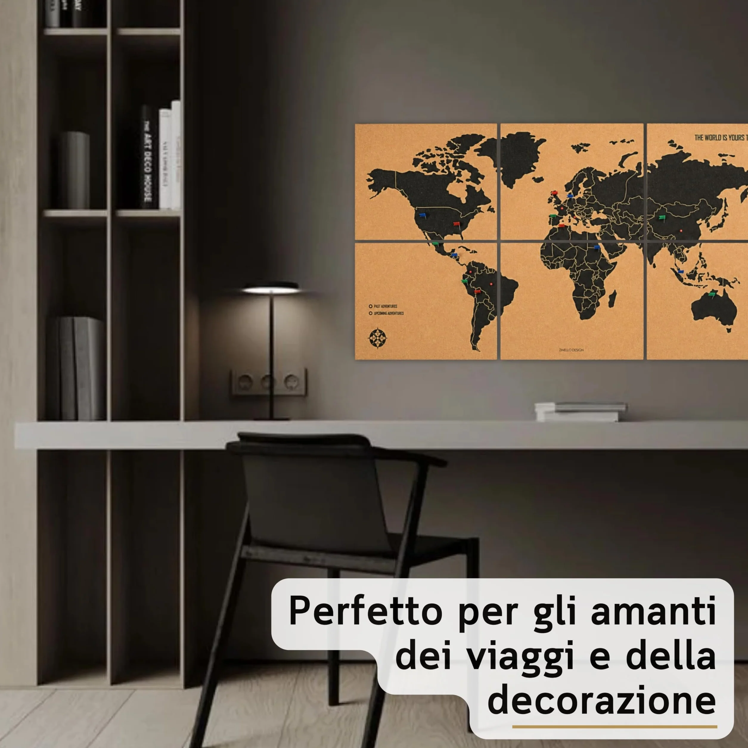 Mappamondo da Parete 90x45 cm – 6 Pannelli Autoadesivi in Sughero – Mappa del Mondo con Puntine – Planisfero Segna Viaggi – 60 Puntine Incluse