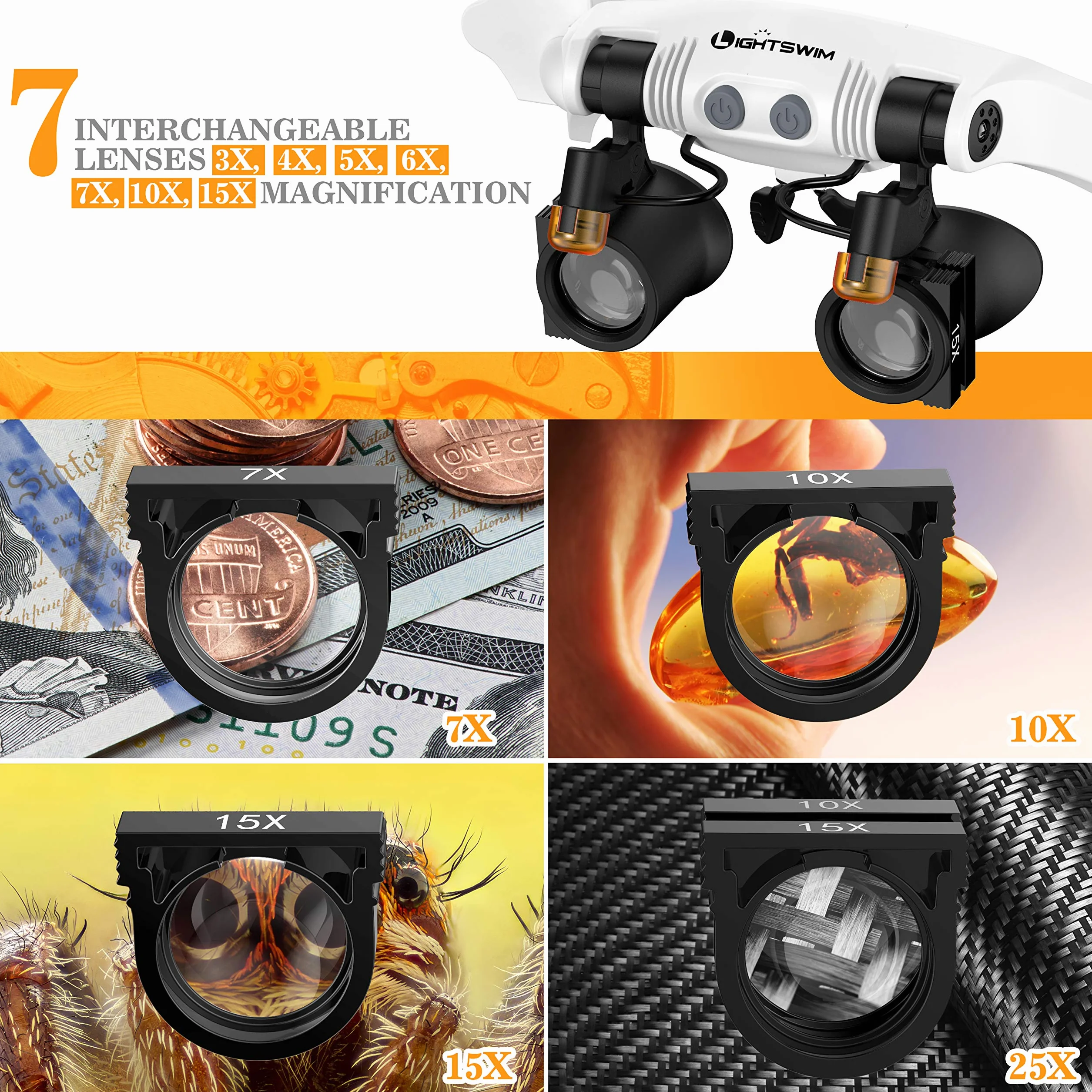 Lightswim Lente d'Ingrandimento con Luce LED Testa Libere 2 Luci LED 3X 4X 5X 6X 7X 10X 15X