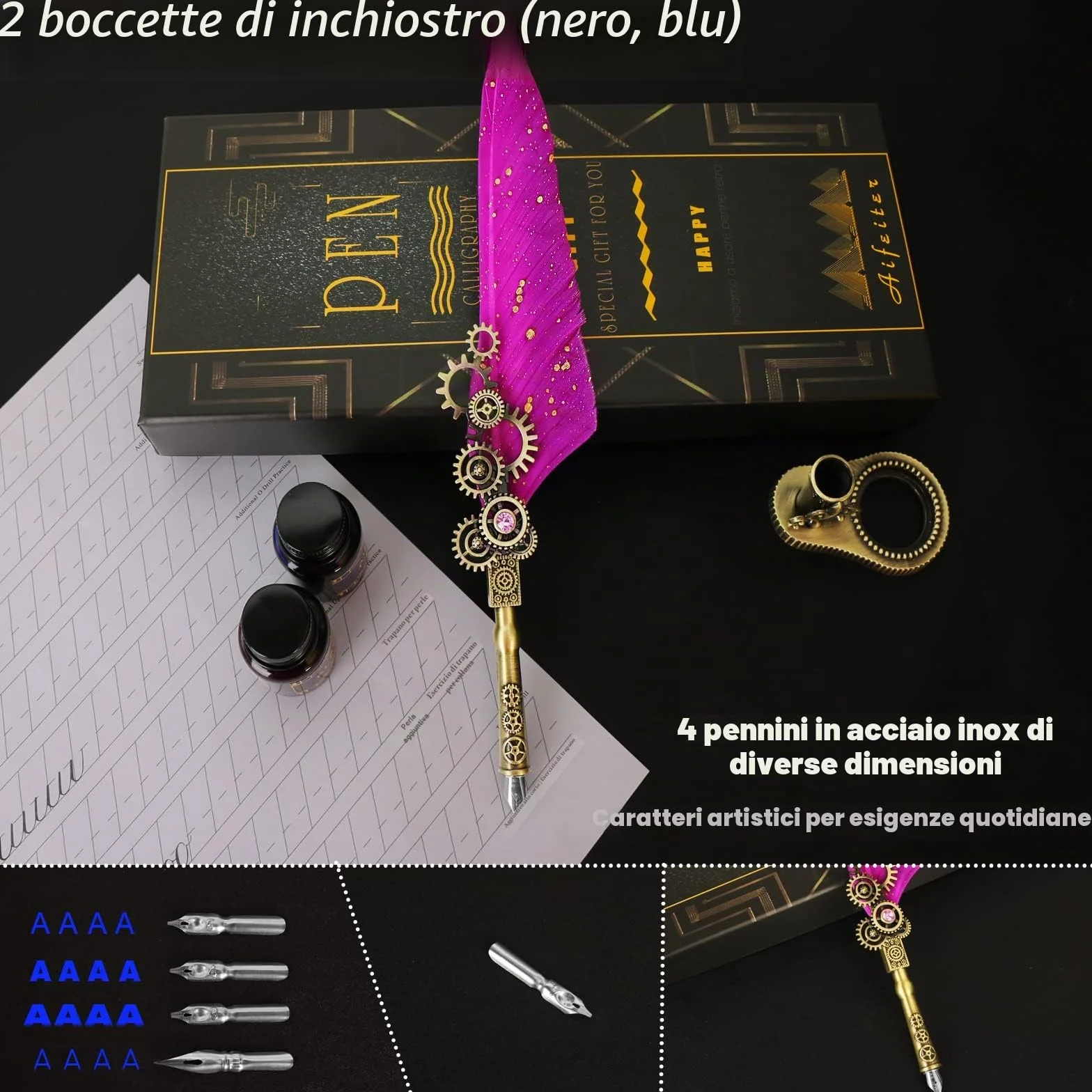 Set di penne per calligrafia, include una penna a piuma, 2 flaconi di inchiostro colorato, 2 in un supporto, 4 pennini in acciaio inossidabile, scatola regalo nera-blu