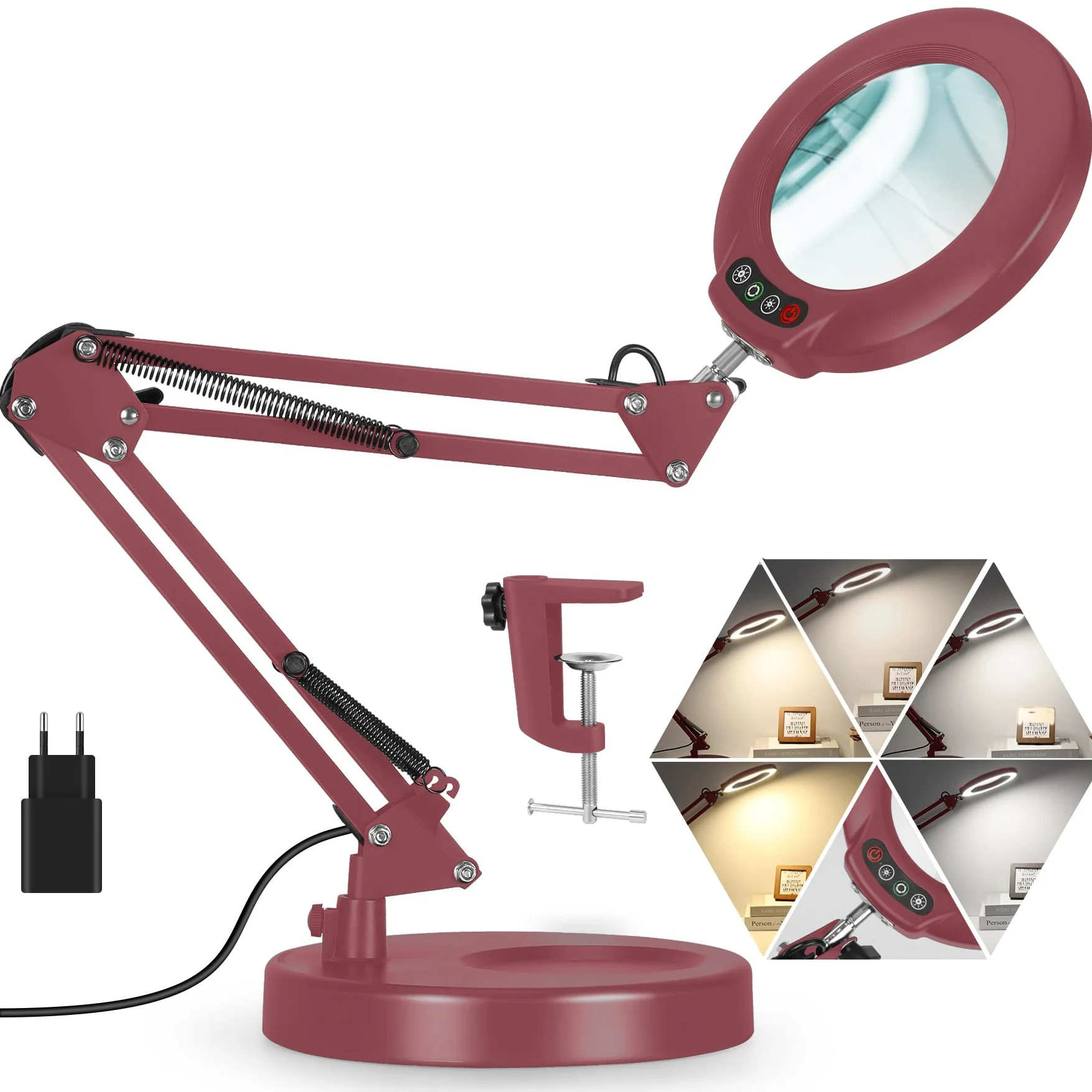 Veemagni 12X Lente di Ingrandimento con Luce, 5 Modalità di Colore Dimmerabili 2 in 1 Lampada da Scrivania e Morsetto, Lampada Lente Ingrandimento a Mani libere per Lavori Ravvicinati Lettura Rosso